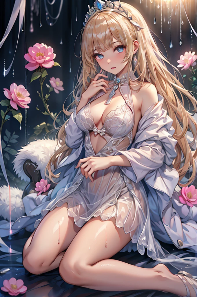 Pearl blonde hyper long hair,Full body depiction on screen, The body is constricted by very small and tight clothes,super small and tight clothes,Full body depiction on screen,Very detailed embroidery sewn into the chest area,The shoulders of the jacket are bulging, Translucent costume Tiara in bangs Wet lips adult Reality Mucus is stringy Canopy Bed Background Blush cheeks with embarrassment Wet and transparent pearl white long gloves A wet and transparent pearl white long skirt She is wearing a wet, transparent pearl white high-neck wedding dress. Wearing pantyhose See-through See-through Wet My whole body is wet from the rain 全てWet とても大きな胸部 Very distended chest Very large chest swelling Two very large bulges on his chest The whole body fits on the screen Blushed cheeks Small Mouth Sweaty skin Rain-soaked skin Clothes stick tightly to the skin Clothes that are wet and transparent from the rain 衣服が汗で濡れてSee-through Glossy skin Clothing has a rubbery sheen A very dark room in the middle of the night Baby Face clear Can憐 beautiful girl sitting on hot pink rubber bed A lot of ribbons are sewn into the clothes 濡れて透けたラバーパールホワイトSee-throughハイネックロングお姫様ドレス Can Wet and transparent rubber pearl white full bodysuit Angry expression rage ,Shocking Pink Rouge,Closed lips,Hands on knees,Jacket with puffy shoulders,closed dmouth,
