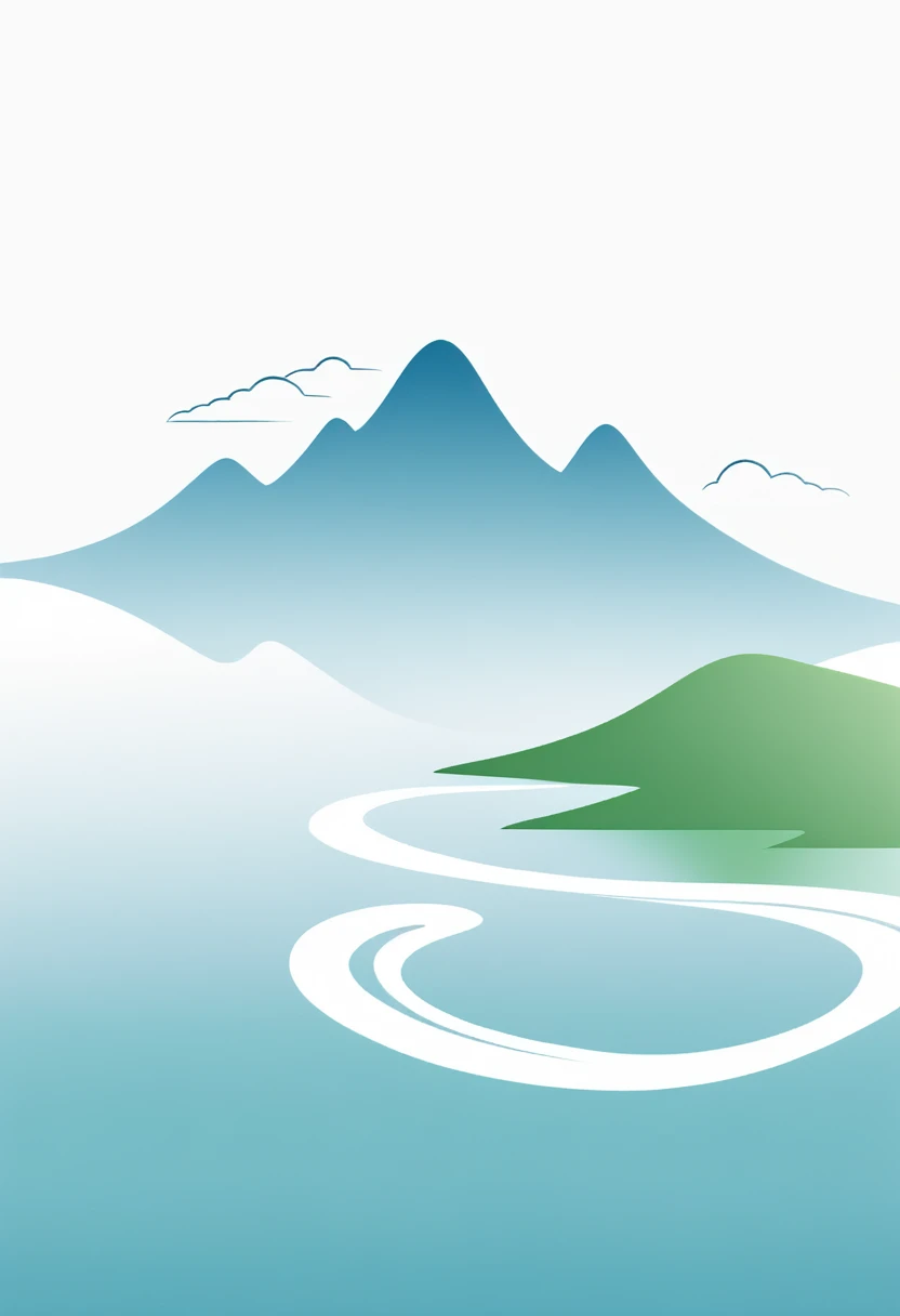 a line logo of "(best quality),(masterpiece),(monochrome)", lake shape, Blue gradient, clear water, peaceful atmosphere, central blooming lotus, Saint Lotus Island, purity, beauty, spirituality, simple lines, elegant form, background mountains, East Mountain, West Mountain, green gradient, natural scenery, life and nature, soft wave lines, Tuo River left bank dam, lake water system, dynamic and flowing curves, nature's beauty, serene and beautiful lake, combined Chinese and English text, "Guanyin Lake Tourist Resort" and "GUANYIN LAKE TOURIST RESORT", modern and simple fonts, high readability, balanced color scheme, blue and green, water and tranquility, nature and vitality, harmonious color match, strong visual impact, simple and grand design, meaningful and unique, high artistic appeal, evokes resonance and longing, minimal, red colour