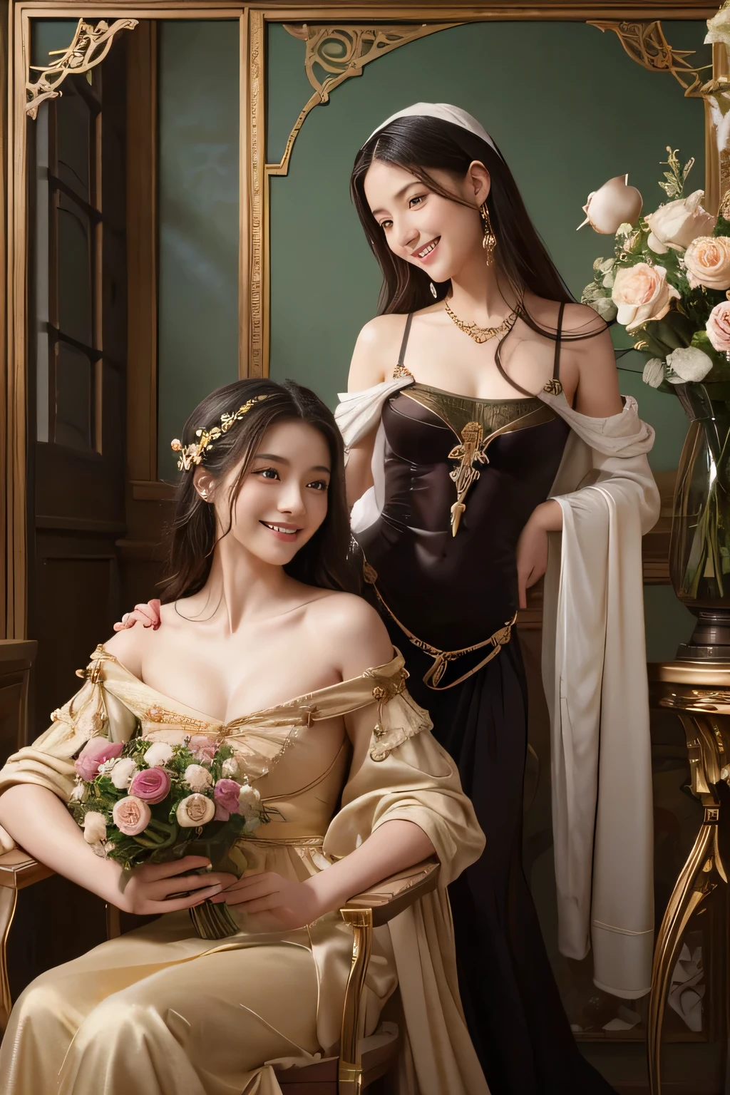 Giorgione painting style,Arguments of two female Philosophe,math、astronomical machine、astronaut、roses in vase、fruits、Cute trinkets、smile、ancient greek costume、Background is a forest lake at night 、Clothes that stretch your shoulders、A big smile、beautiful bare skin、A detailed representation of the seducing woman throughout her body.sexy,erotic smile