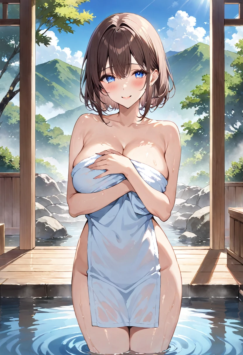 masterpiece, best quality, ultra detailed, sparkling eyes, (large breasts), A highly detailed anime-style illustration of a young woman with medium-length, dark brown hair. She has large, expressive blue eyes and a shy, endearing smile with a slight blush on her cheeks. The woman is wrapped in a white towel, standing by a hot spring (onsen). The towel is draped loosely over her body, covering her chest and lower regions, but leaving her shoulders and upper chest exposed. The background features a serene outdoor hot spring setting with rocks, flowing water, and lush greenery. There is steam rising from the hot spring, adding to the relaxing atmosphere. The scene is set on a bright, sunny day with clear blue skies and the warm sunlight casting gentle shadows.