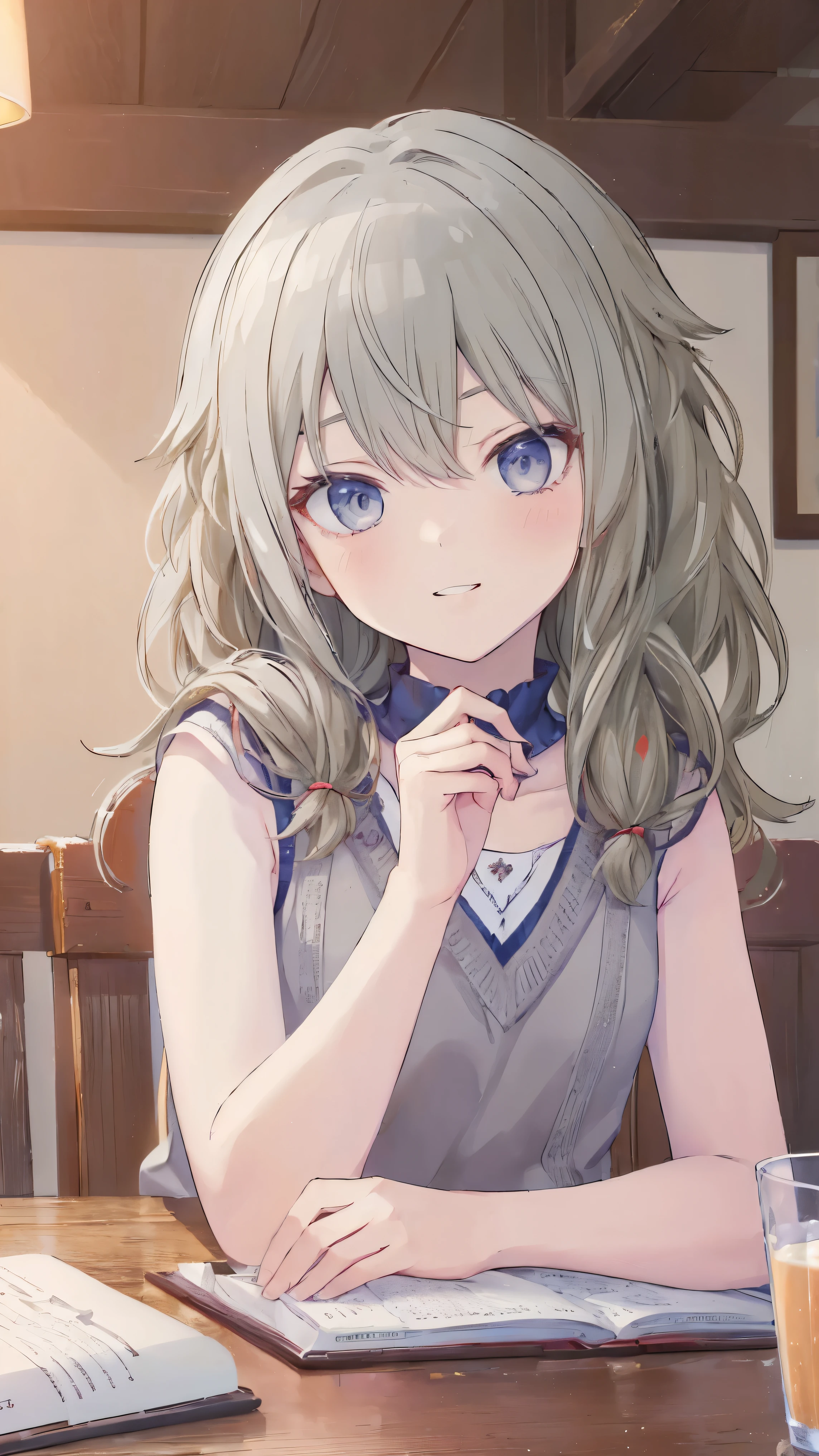 (masterpiece, Highest quality:1.6),Best image quality、Highest quality、Perfect lighting,masterpiece、Best image quality、Highest quality、smile、Show your hand, Put your elbows on the table, Slap in the face、Chest close-up, Sleeveless, Knitted sweater