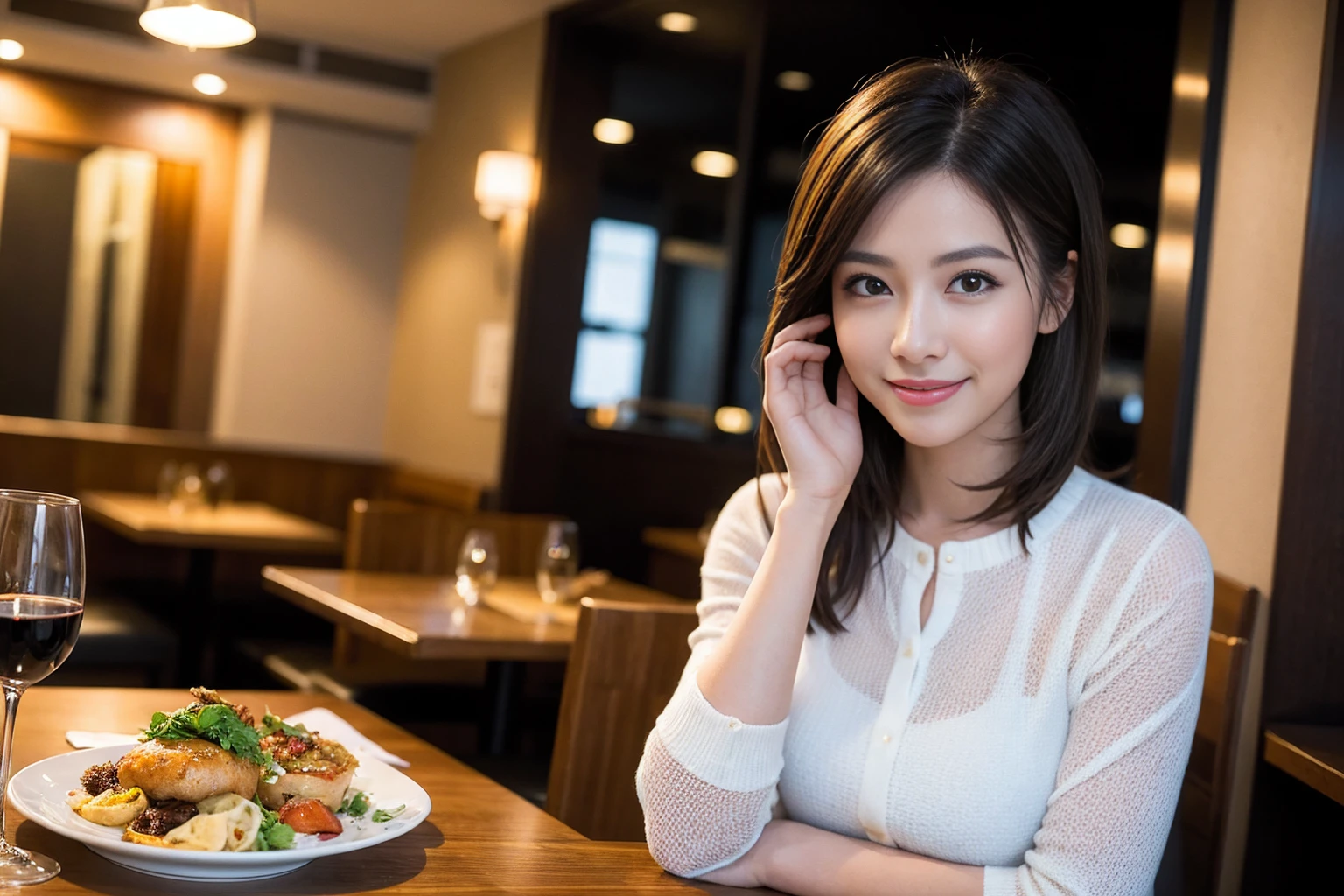 ((Highest quality、8K、masterpiece:1.3))、Sharp focus:1.2、Beautiful woman perfect body:1.4、slimなボディ、((Bob Hale、Straight hair:1.2))、(to be born, Highest quality, masterpiece:1.5), (Realistic, Intricate details:1.2), テーブルにwine glass、Shine light on your face、 Amazing view of the sunset sky and clouds、Amazing mountain views、ニコニコ明るいsmile、smileの素敵な女性、Bright image、2. The beauty of wine, Beautiful Face, blue eyes, The light shines on your face, Blushing, short hair,Bright Face、Fox face、43 years old), 39 years old, Lady、red wine 、Appetizers、Italian food、Wine bottle、Champagne、sparkling wine、Two beauties、Brown Hair、Shortcuts、Long sleeve shirt、dress、Beautiful woman 1, (slimな顔), (The body is slim), (Brown Hair), (Shortcuts), cheeks turn a little red,Attractive beauty、, Out of the window, Beautiful and detailed night view.........., restaurant, In a prominent place (From the waist up) Nova Frog Style, actress, model, Upper Body, White wine, slim, wine glass, 真ん中に置かれたwine glass, smile, (smile: 1.15), Beautiful fine grain, Depth f/2,saturation, High Contrast, Strong light and shadow,Moist Body:1.5、 texture、Delicate eyes、Brown Hair、The hair is very shiny、