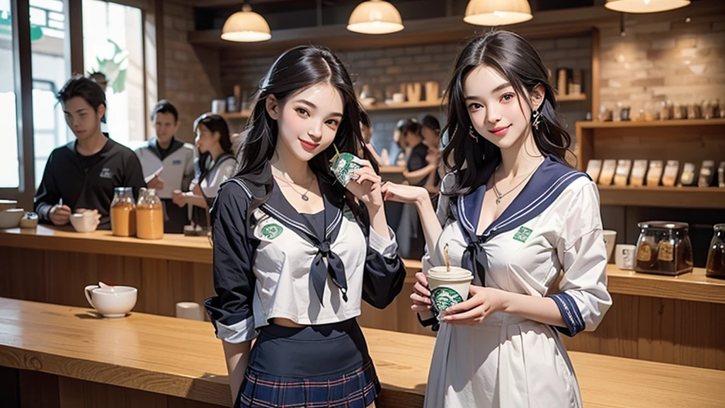 8K、RAW Photos、Highest quality、Super detailed、Super Resolution、Ultra HD、8K壁紙、Amazing details
(((Inside the Starbucks store、16 year old high school girl in sailor suit)))、Eat cake、Drink coffee、smile、Heart Necklace((Emphasize cleavage))
(Full body photo)
