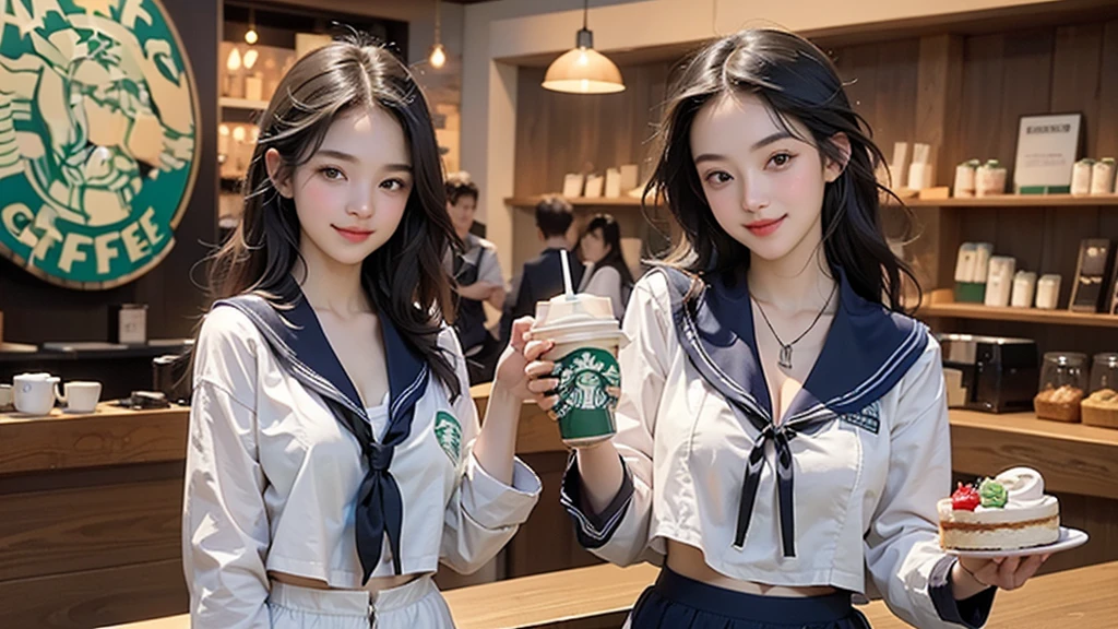 8K、RAW Photos、Highest quality、Super detailed、Super Resolution、Ultra HD、8K壁紙、Amazing details
(((Inside the Starbucks store、16 year old high school girl in sailor suit)))、Eat cake、Drink coffee、smile、Heart Necklace((Emphasize cleavage))
(Full body photo)