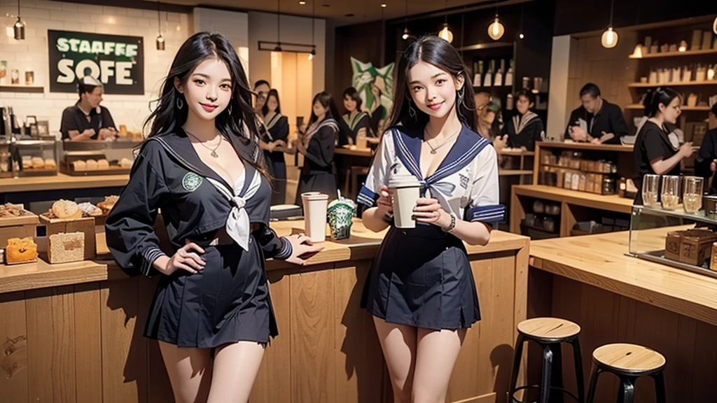 8K、RAW Photos、Highest quality、Super detailed、Super Resolution、Ultra HD、8K壁紙、Amazing details
(((Inside the Starbucks store、16 year old high school girl in sailor suit)))、Eat cake、Drink coffee、smile、Heart Necklace((Emphasize cleavage))
(Full body photo)
