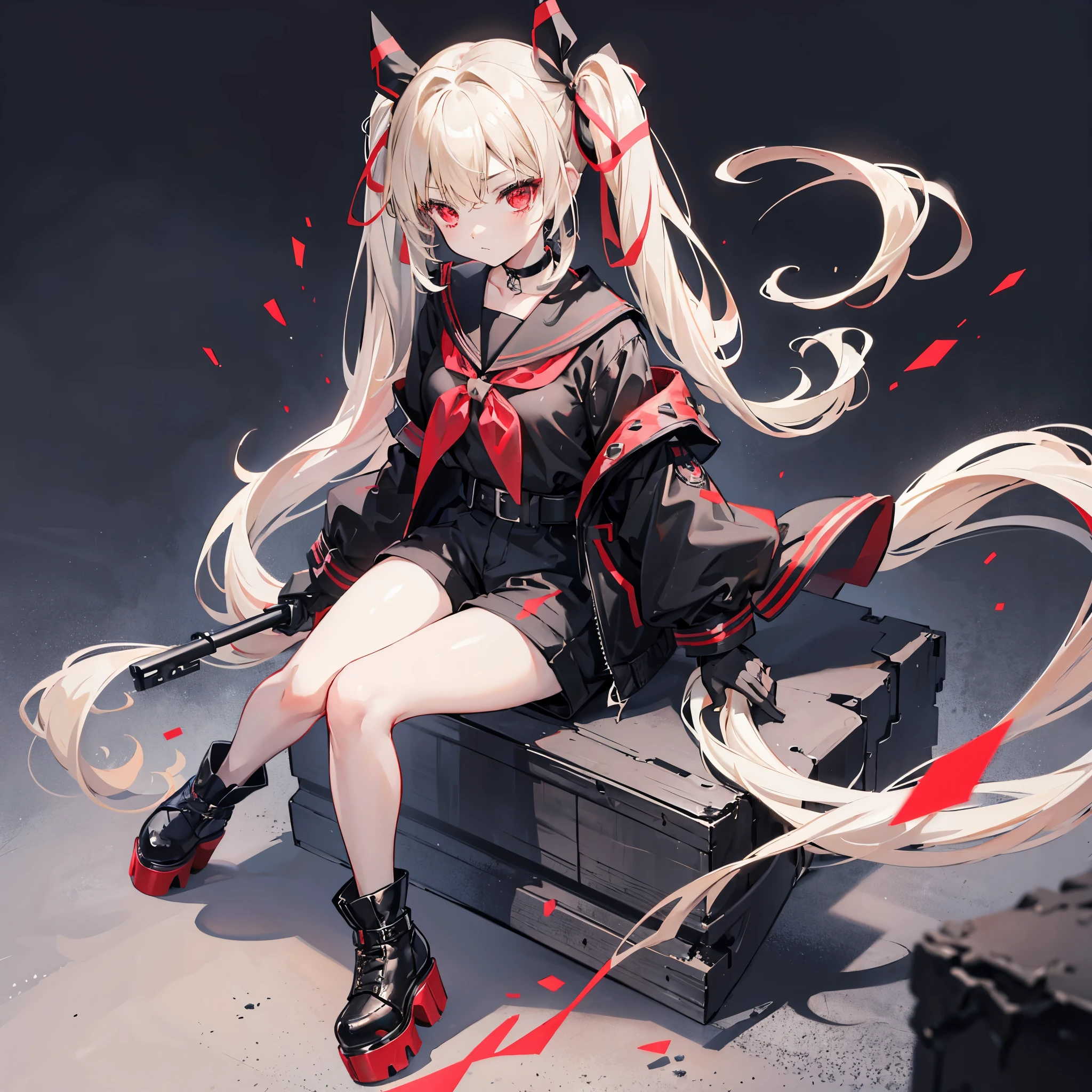 One girl、Hair colorbeige、Red eyes、Twin tails、Long Hair、Simple hair ribbon、Monochrome clothes、Large coat、Black choker、Black gloves、Simple background、Shorts、Platform boots、Stand on a stone、Firearms