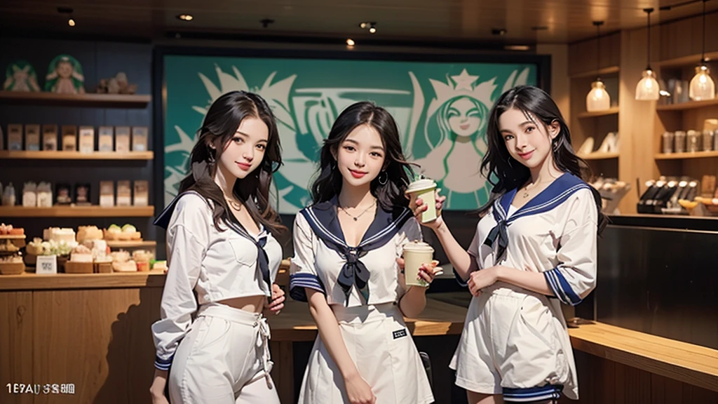 8K、RAW Photos、Highest quality、Super detailed、Super Resolution、Ultra HD、8K壁紙、Amazing details
(((Inside the Starbucks store、16 year old high school girl in sailor suit)))、Eat cake、Drink coffee、smile、Heart Necklace((Emphasize cleavage))
(Full body photo)