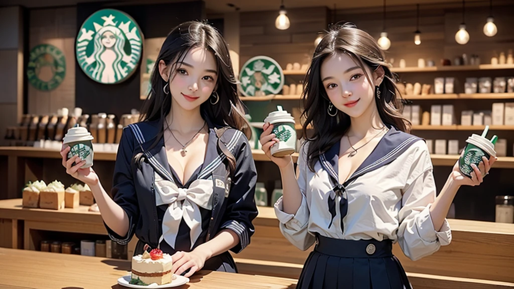 8K、RAW Photos、Highest quality、Super detailed、Super Resolution、Ultra HD、8K壁紙、Amazing details
(((Inside the Starbucks store、16 year old high school girl in sailor suit)))、Eat cake、Drink coffee、smile、Heart Necklace((Emphasize cleavage))
(Full body photo)
