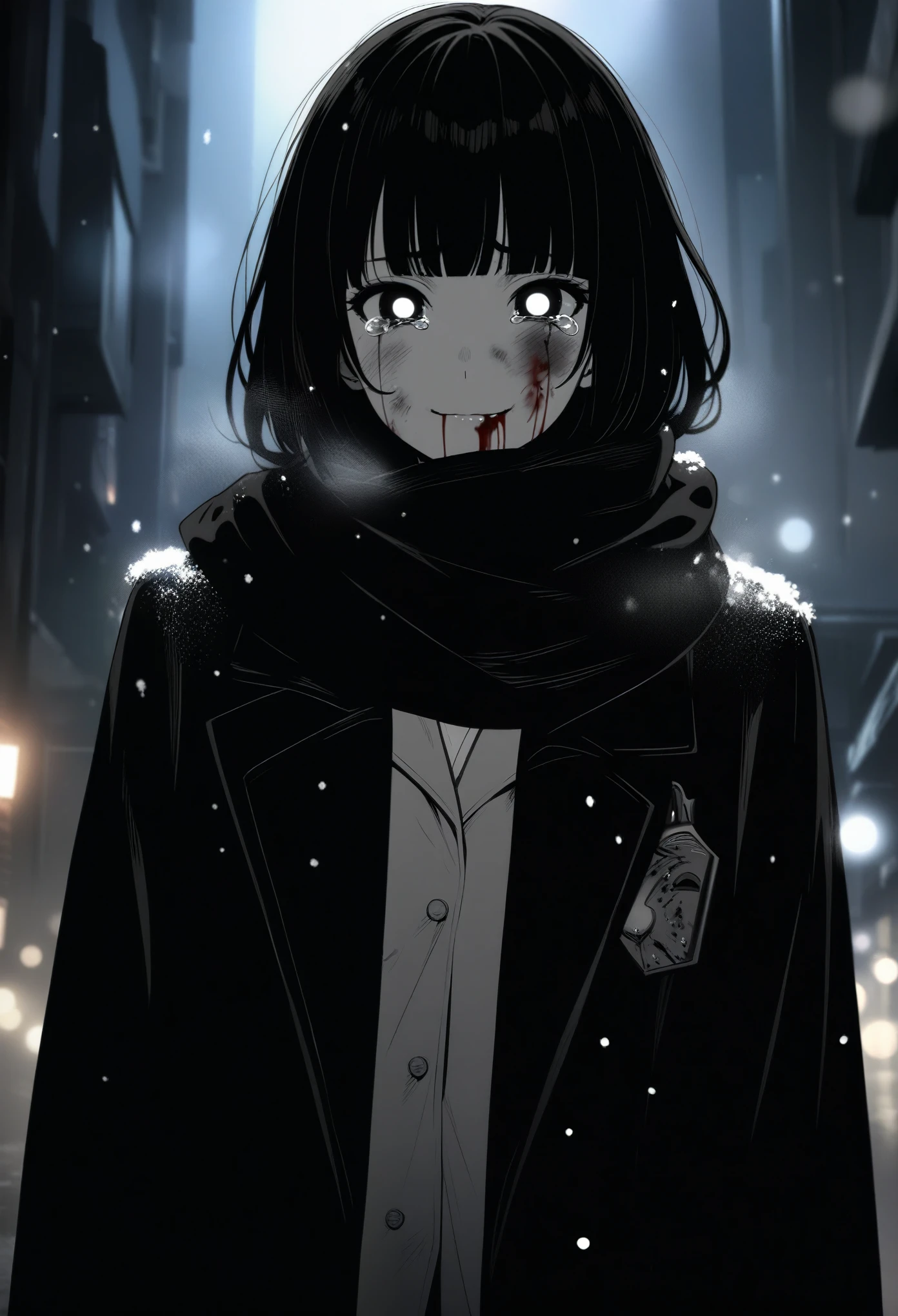masterpiece, best quality, 1girl, momose_(oqo) official art, grayscale, manga style, japanese, chi no wadachi, black eyes, glowing white pupils, street, iced, smile, black hair, schoolbag, crying, tears, tears streaming, blood, blood_from_mouth, bruise, nosebleed, lineart, face against the ground, looking at viewer, blood on face, black coat, black scarf, 35 years old, mature_female:1, tall, fair skinned, bokeh background, streaming, bob cut, light particles, centered, snowing, emotional anime scene, (very aesthetic, best quality, ultra detailed), intricate details, red and blue lights flashing, cool, soleless, emotionless, lightning, electricity, gritty