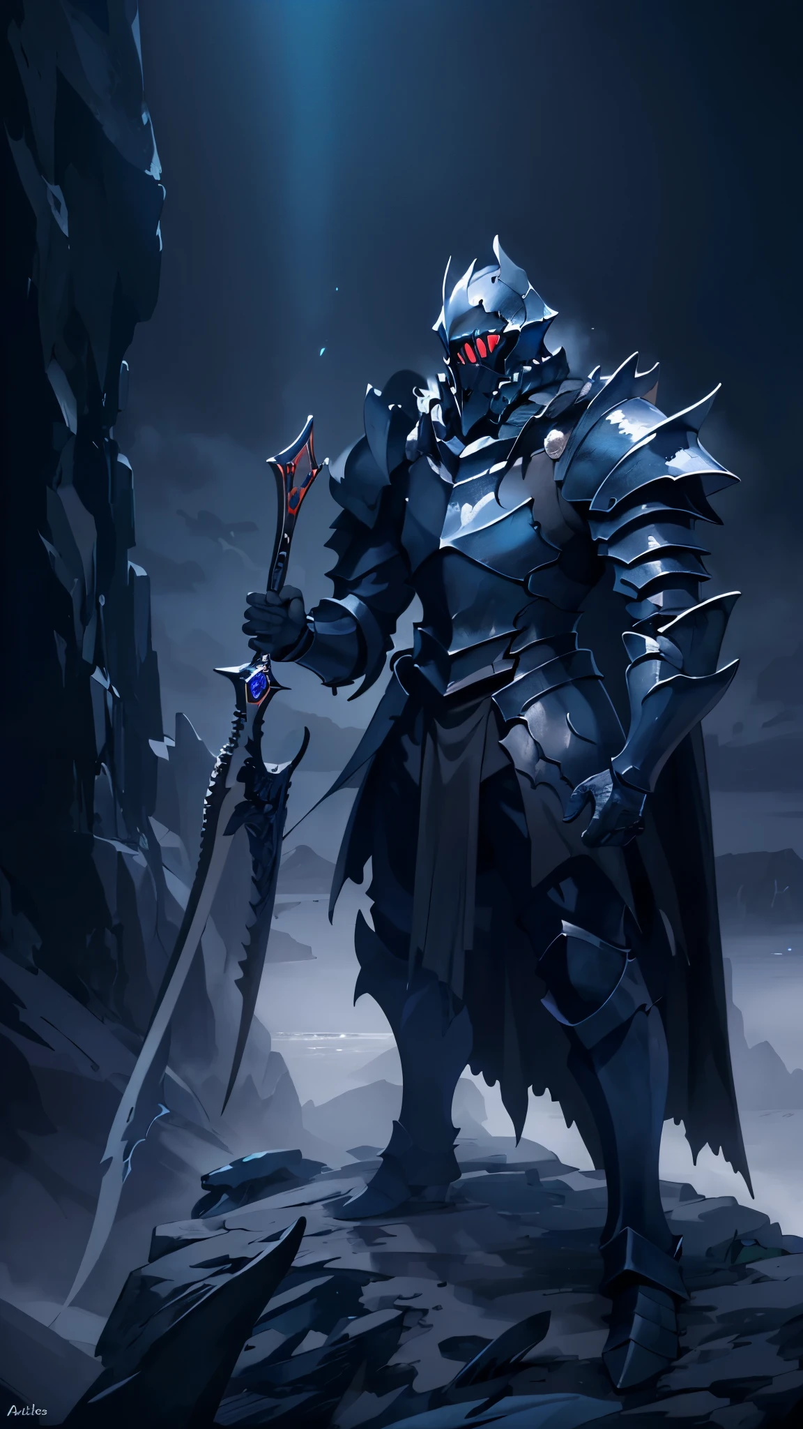 (masterpiece:1.2),(Highest quality),(Very detailedな),(Ultra-high resolution),8K,Vast landscape photography,Dark fantasy,(The Abyss Knight stands),Abyssal Sword,Abyssal Armor,Abyssal Shield,(One person: 1.5),Very detailed,The background is a gradient of black, blue and grey,The very deep darkness