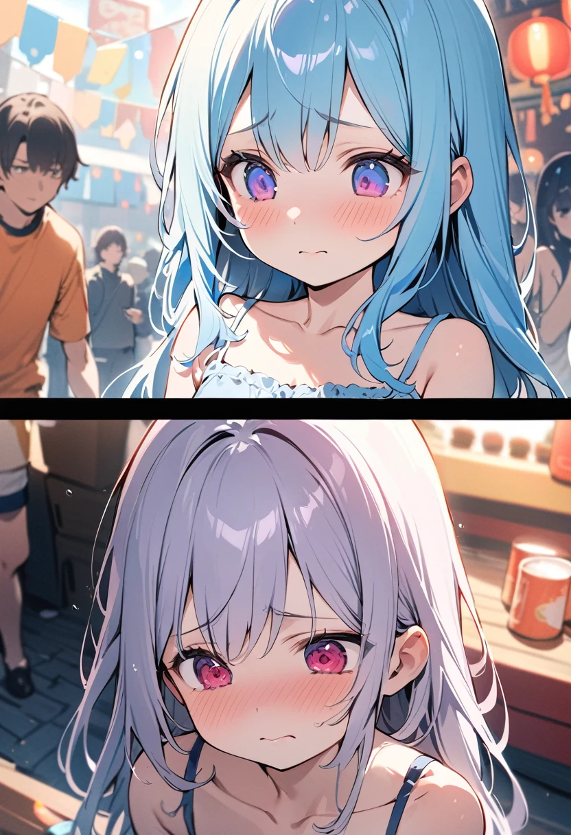 cute face, big eyes,red face,Complaint 、troubled face 、 1 girl ,(((( shy,light blue long hair)))),Masterpiece, high quality detailed,highres,anime,comic,detailed image, (an illustration of a teenage girl posing,,tareme(true beautiful:1.2), sense of depth,dynamic angle,,,, affectionate smile, (true beautiful:1.2),,(tiny 1girl model:1.2),)(flat chest),),((masterpiece:1.4, best quality))+, (ultra detailed)+,(ultra detailed eyes)+,(cute 1girl),,pale skin,closed mouth,sad,violet,cute face, big eyes,red face,Complaint 、troubled face 、 1 girl ,(((( shy,light blue long hair)))),Masterpiece, high quality detailed,highres,anime,comic,detailed image, (an illustration of a teenage girl posing,,tareme(true beautiful:1.2), sense of depth,dynamic angle,,,, affectionate smile, (true beautiful:1.2),,(tiny 1girl model:1.2),)(flat chest),(highest quality, masterpiece, Super detailed, very detailed, exquisite, 16k,Full HD),A little closer,dramatic lighting,pastel colour,moonlight, soft lighting,(((camisole))), ((summer festival)), , (watercolor:0.6), ((cute:1.3)),