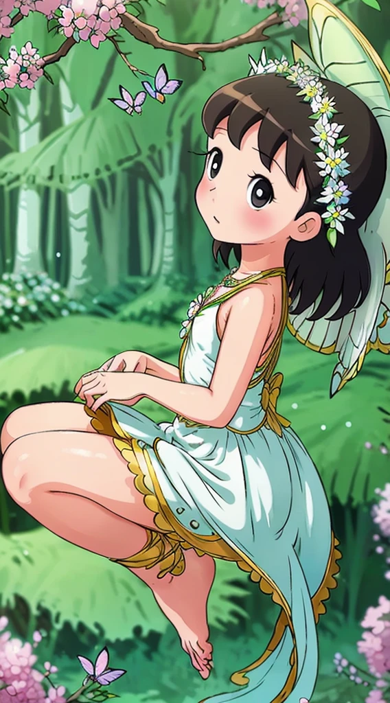 A beautiful girl in a fairy costume, surrounded by flowers and butterflies. Content: watercolor painting. Style: whimsical and delicate, like a children’s book illustration.