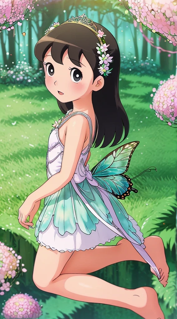 A beautiful girl in a fairy costume, surrounded by flowers and butterflies. Content: watercolor painting. Style: whimsical and delicate, like a children’s book illustration.