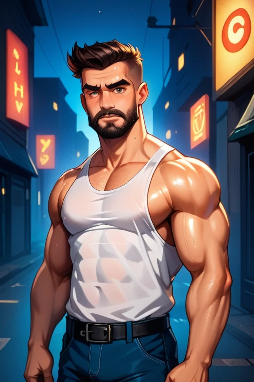 45 year old man(cobalt eyes; salt-and-pepper crew cut; epic jawline; rugged; muscular and imposing; incredible beard; masculine; round-faced, Kurt Russell), Disney-style cgi, night time neon-lit streets crime scene with police lights; futuristic; dystopian; best quality; high detail; trending on artstation; complex volumetric lighting; grungy white tank top; 80s action hero; sweaty; grimy; upper body shot; cop who plays by his own rules