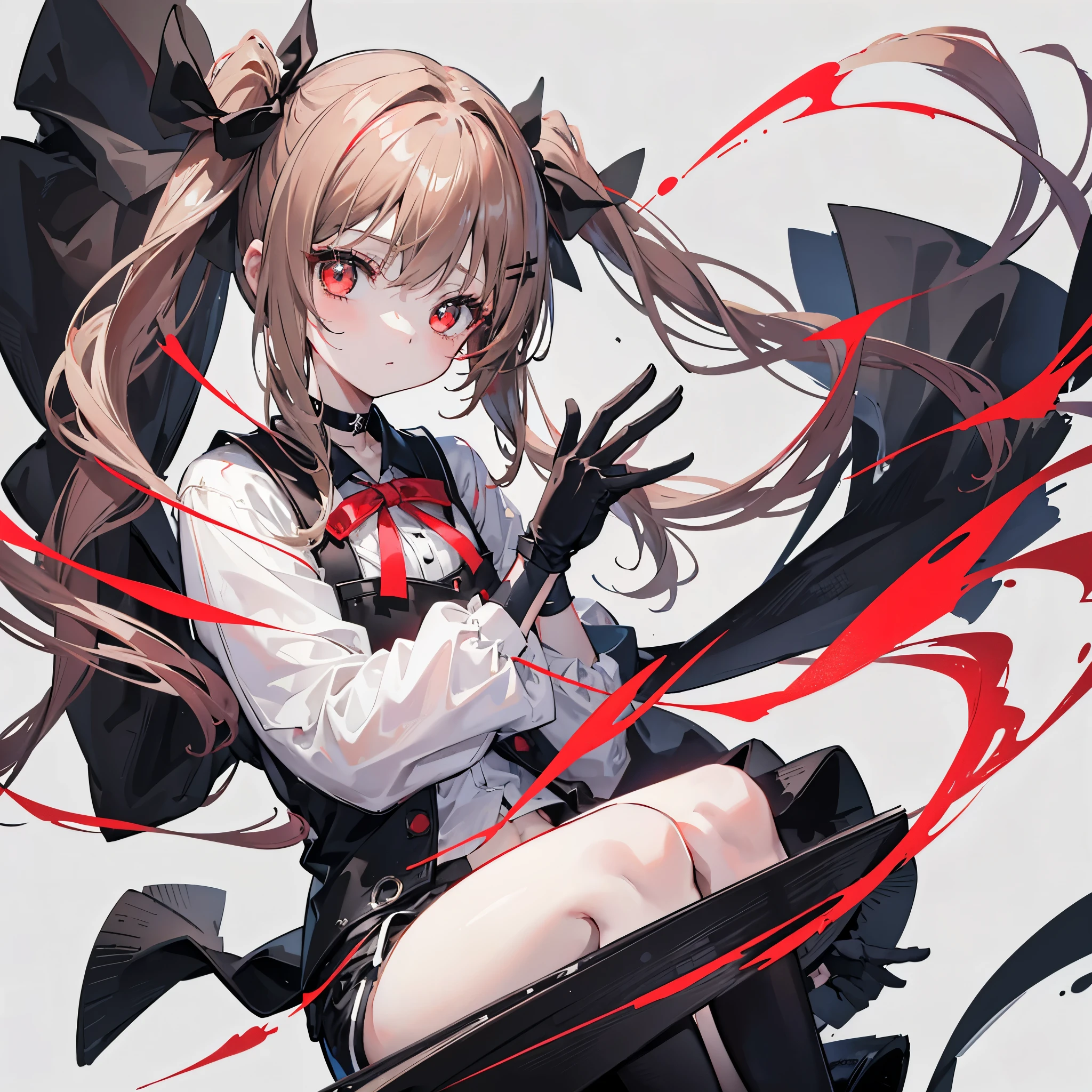 One girl、Hair colorbeige、Red eyes、Twin tails、Long Hair、Simple hair ribbon、Monochrome clothes、Large coat、Black choker、Black gloves、Simple background、Shorts、Stand on a stone、Firearms