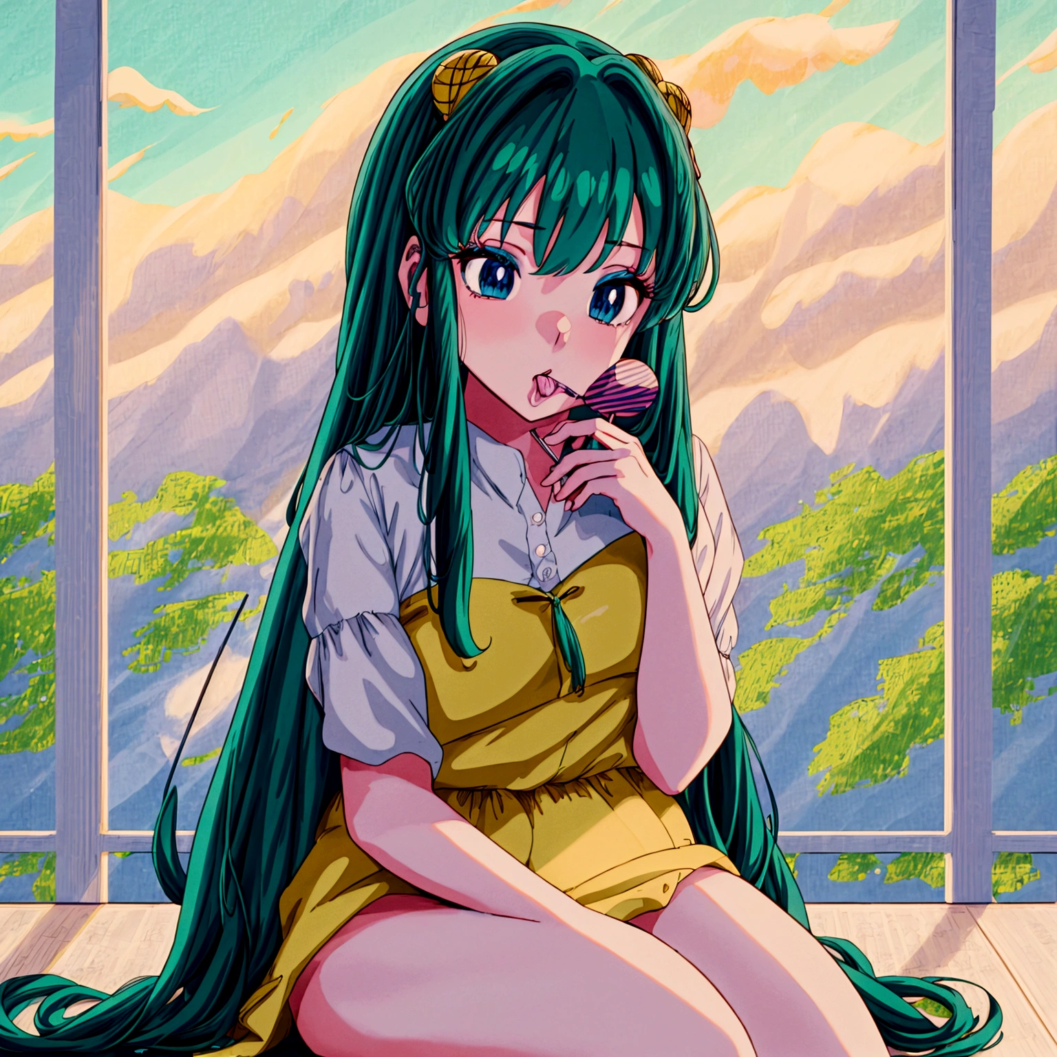 score_9, score_8_up, score_7_up, Lum, solo, retro artstyle, 1980s style, blue eyes, eyeshadow, green hair, long hair, bangs, sitting on a tree, holding a lollipop, licking the lollipop, experiencing bliss, 1girl, beautiful detailed eyes, beautiful detailed lips, extremely detailed face and features, longeyelashes, adorable, whimsical, dreamlike, soft lighting, pastel colors, warm tones, cinematic, (best quality,4k,8k, highres, masterpiece:1.4), ultra-detailed,(anime:1.37), saliva is drop,