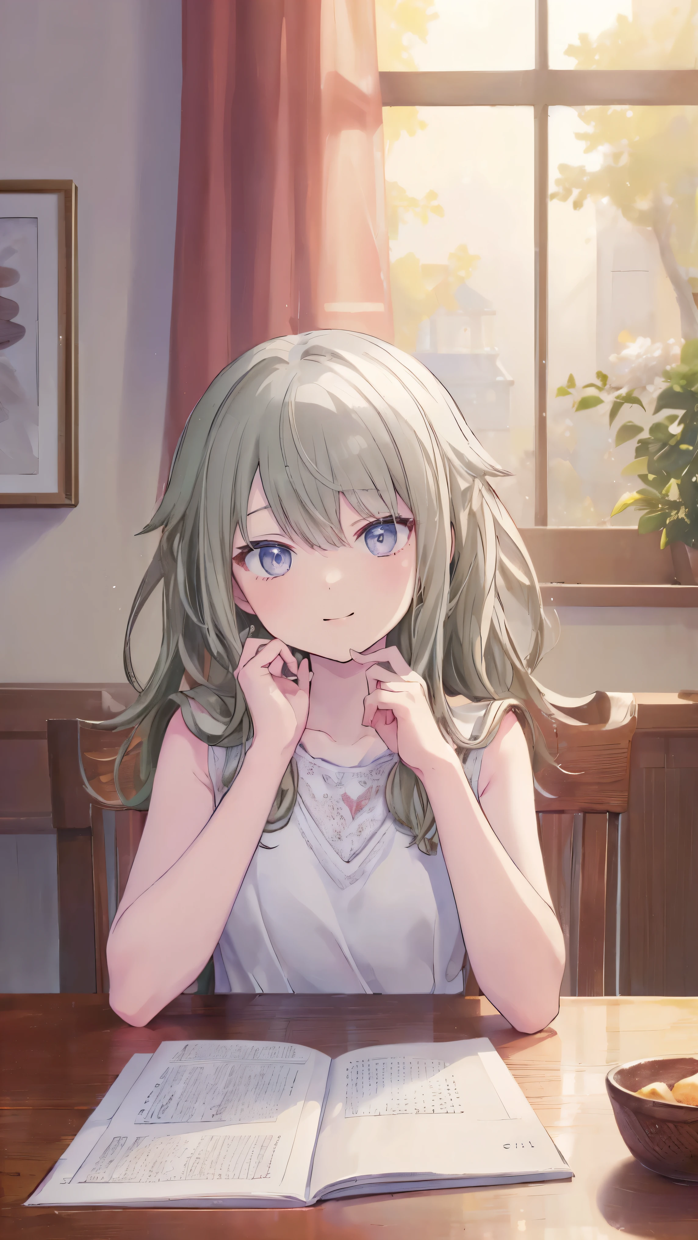 (masterpiece, Highest quality:1.6),Best image quality、Highest quality、Perfect lighting,masterpiece、Best image quality、Highest quality、smile、Show your hand, Put your elbows on the table, Slap in the face、Chest close-up, Sleeveless, Knitted sweater