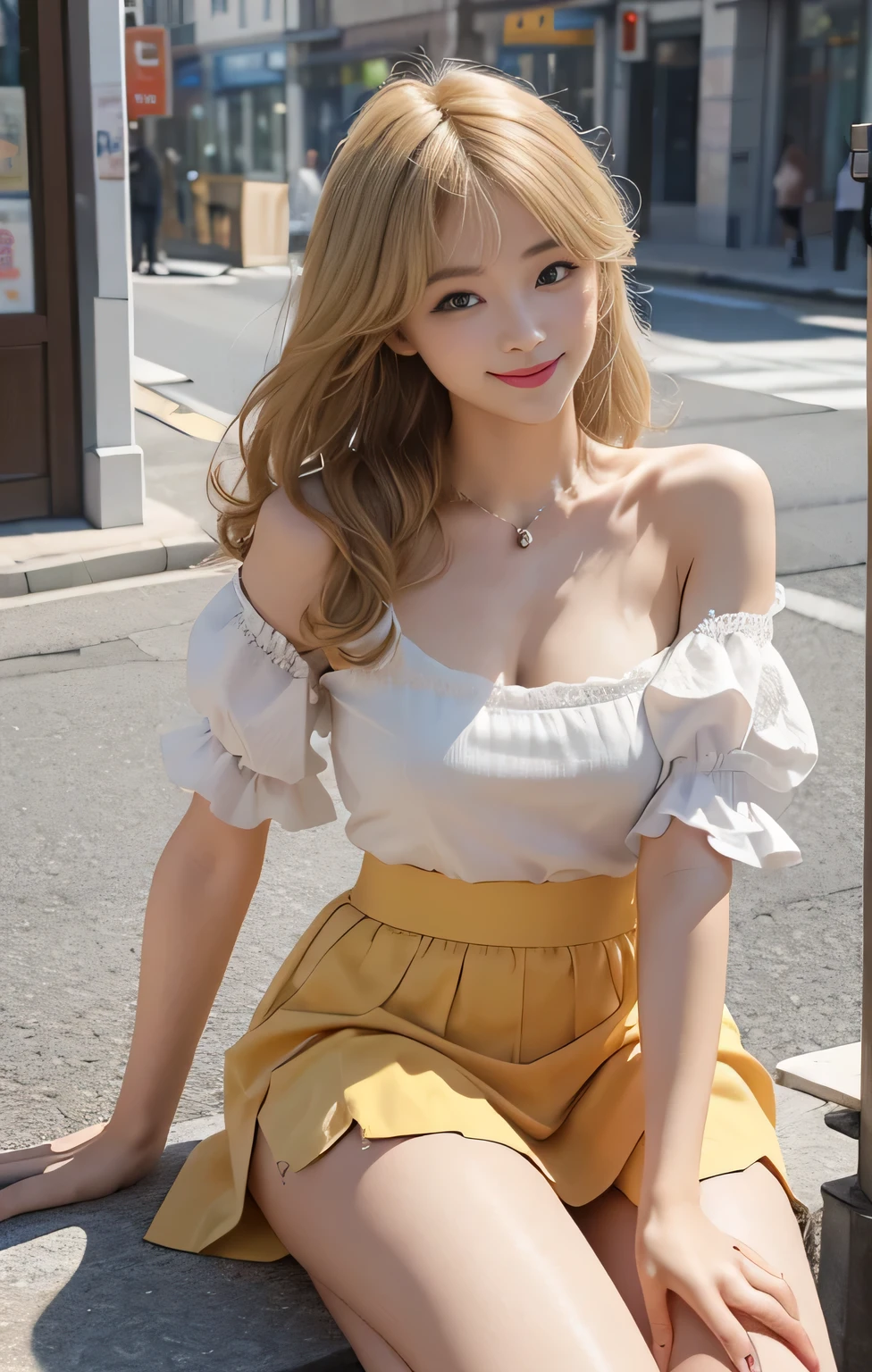Highest quality、masterpiece、Ultra-high resolution、Realistic、RAW Photos、1 Girl、Sexy Looks、Shoulder hair、The lower half of the body is curled and wild..、Cute Smile like a model、frontage、hair color is blonde、Yellow tight mini skirt、Regular high heels、Double Eyes、Apply mascara、Cute pose like a model、Cute face、Gorgeous as a model、Ultimate beauty、Cute Smile、Bright smile、Masseter region、Highest quality、Fukuoka Tenjin streetscape、sunny day、photo shoot、Sexy frilly shorts are in full view、A shy smile、Perfect eyes and nose