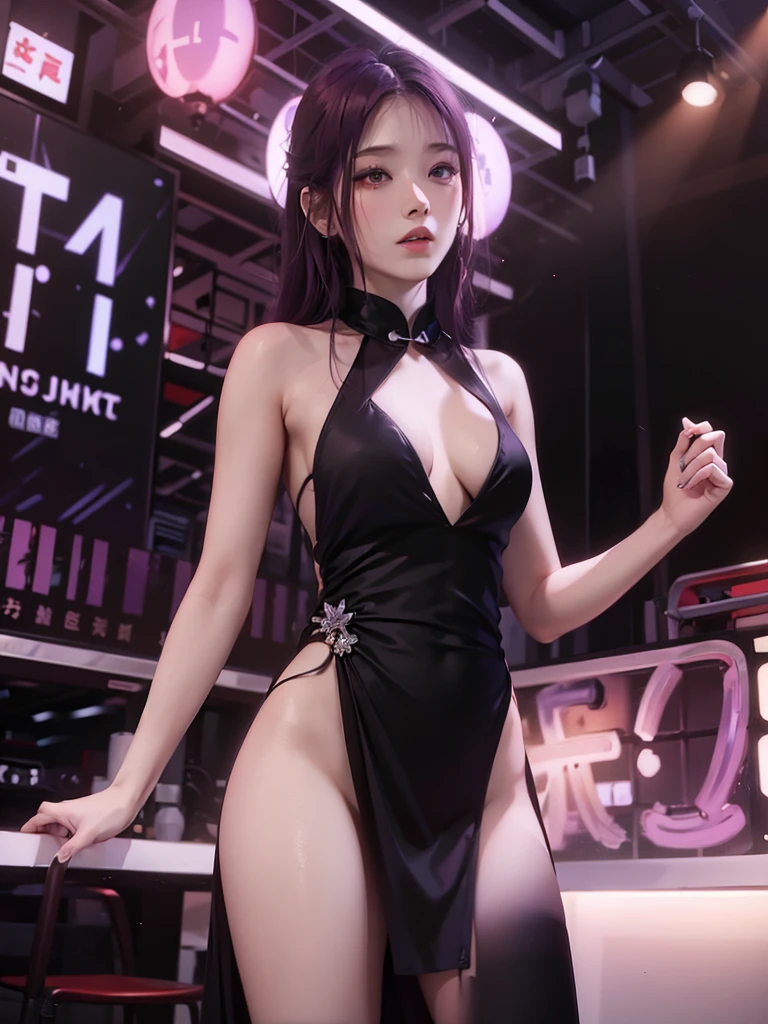 (masterpiece, best quality), 1girl, beautiful face, purple red hair, short hair, bangs, torn clothes, torn legwear, black dress, black stockings, solem, stoic face, itricate details, dark atmosphere,