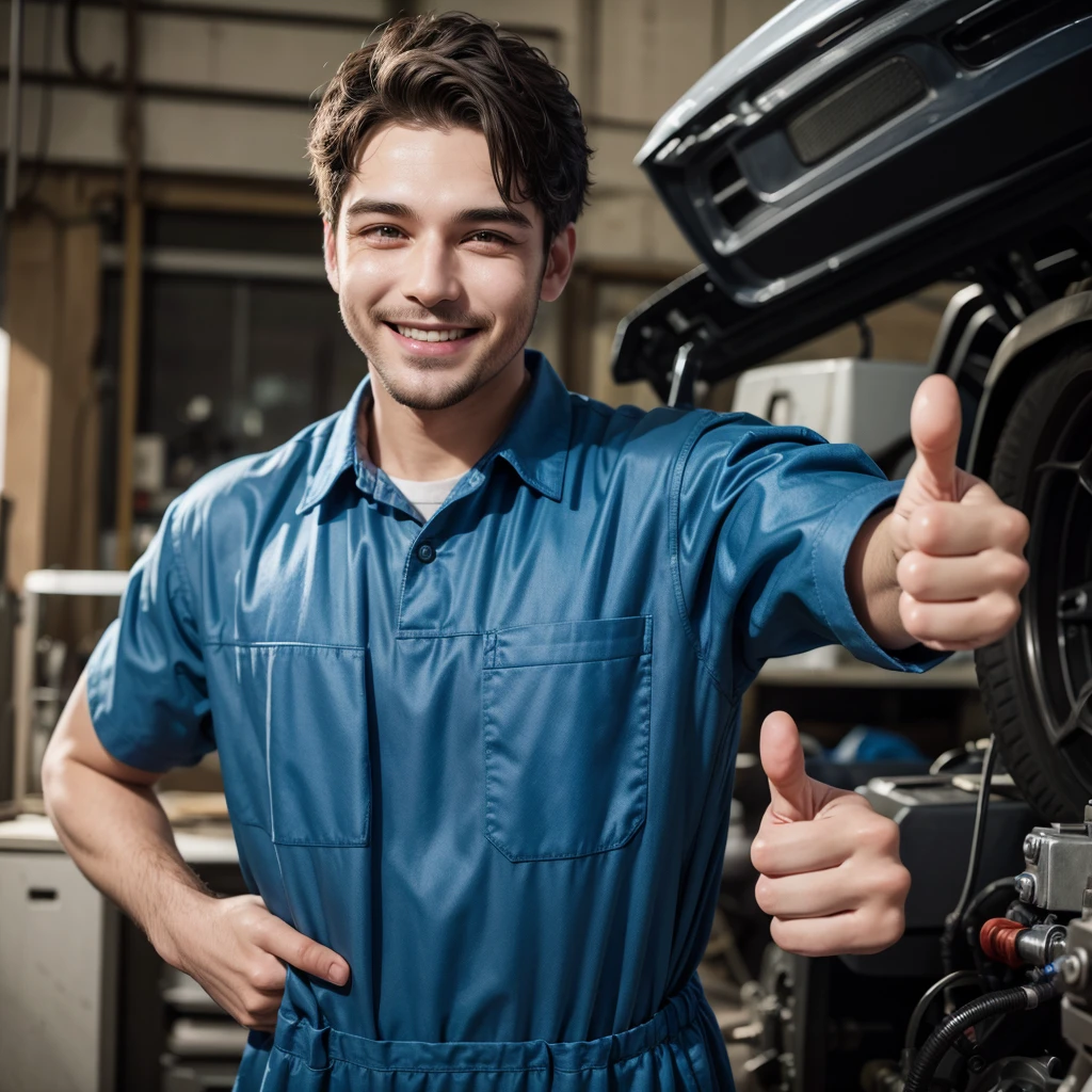 Man doll with the profession of mechanic dressed in blue giving a thumbs up with his hand and smiling on his face