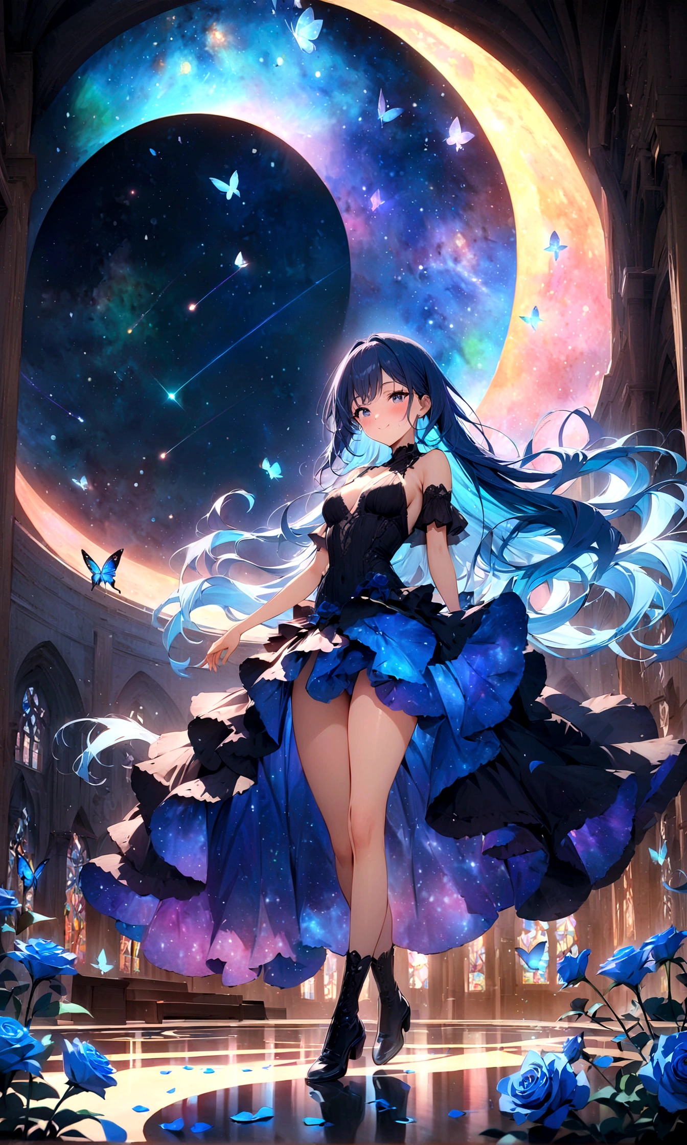 ((masterpiece:1.4)), (best quality), (ultra-detailed), anime style, 1girl, blue hair, long hair, (musical note, shooting star, space, galaxy, aurora, seven-colored light, (blue rose:1.2), butterfly, constellation, girl riding on a crescent moon, nebula, blue rose petals, stained glass, entire field of stained glass flowers, night, blushing, blush, smile, reflection, planetarium, flowing hair, church, candelabra, dancing patterns.