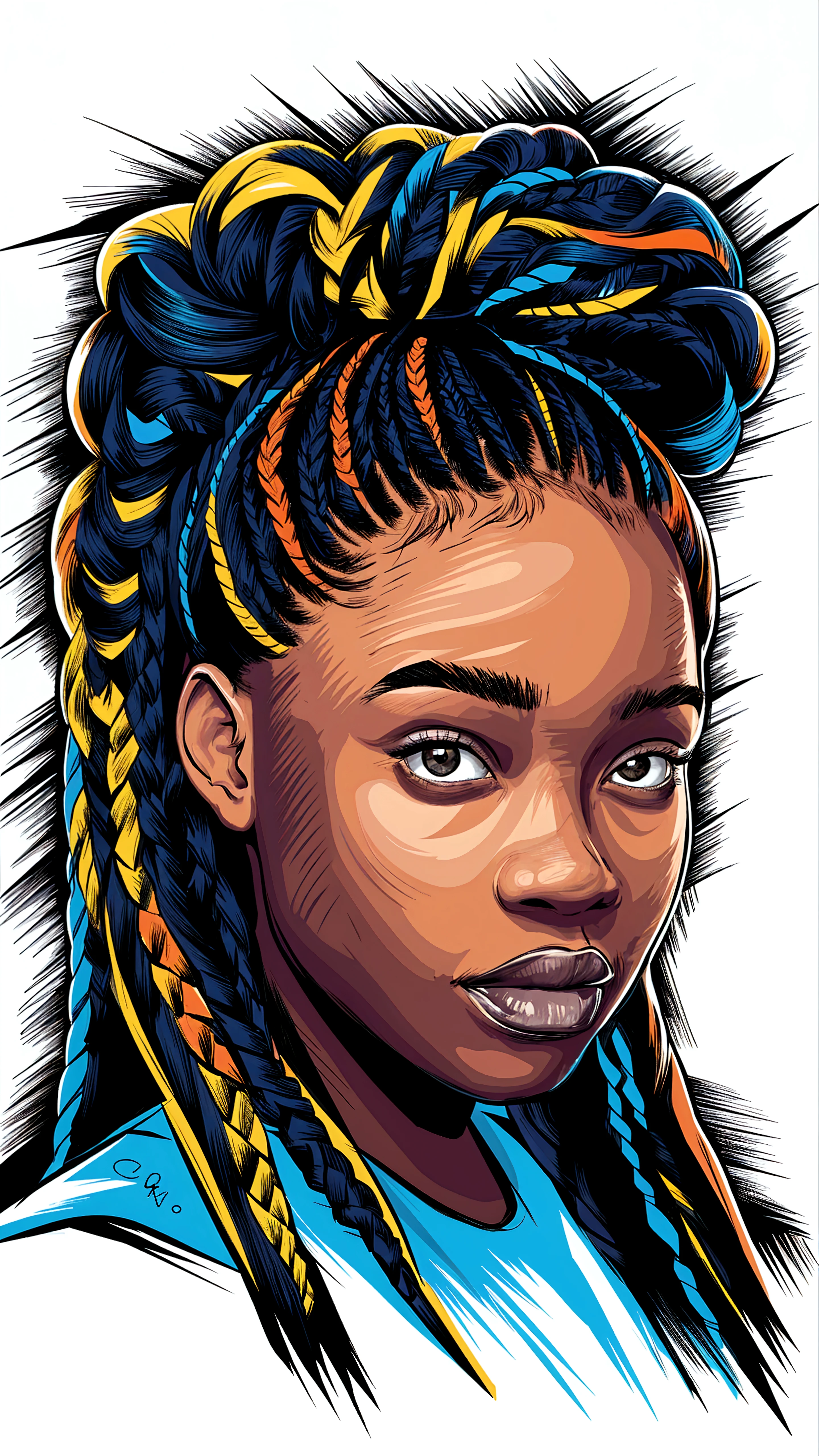 Use the drawing style, brush stroke, texture of the reference drawing to draw a black female character with white dirty braids and delicate facial features
