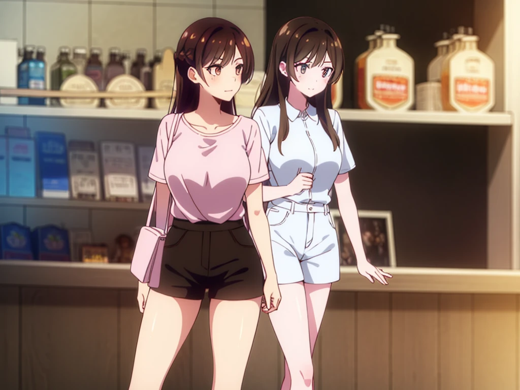 mizuharachizuru, chizuru ichinose, ((long hair)), bangs, brown hair, (brown eyes:1.5), one side up, smile, (clonealike:2), 5+girls, multiple identical girls, large breasts, thighs, shiny legs,
BREAK skirt, shirt, short sleeves, puffy sleeves, puffy short sleeves, white skirt, white short, pink shirt, white low socks, brown shorts shoes,
BREAK indoors, boutique outlet shop, crowd, girls,
BREAK looking bikini swimsuit clothes prices at the display cabinet, (cowboy shot:1.5),
BREAK (masterpiece:1.2), best quality, high resolution, unity 8k wallpaper, (illustration:0.8), (beautiful detailed eyes:1.6), extremely detailed face, perfect lighting, extremely detailed CG, (perfect hands, perfect anatomy), seductive appearance and posture, ((full body)), ((standing)), ((lean forward)), harem, lineup of 5+girls,
