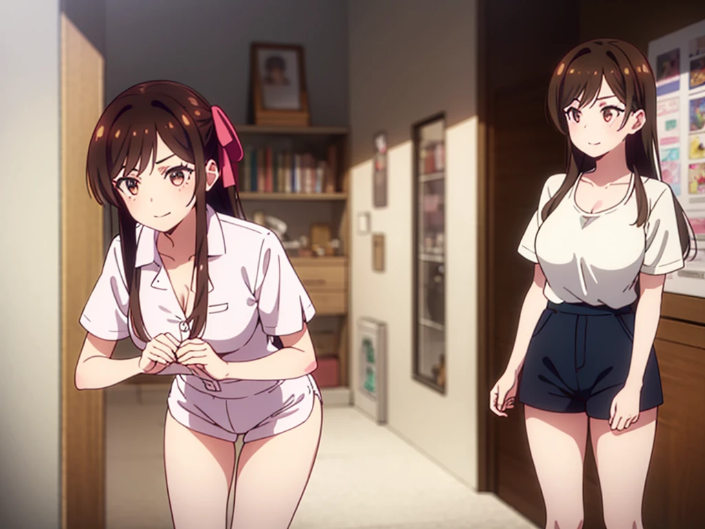mizuharachizuru, chizuru ichinose, ((long hair)), bangs, brown hair, (brown eyes:1.5), one side up, smile, (clonealike:2), 5+girls, multiple identical girls, large breasts, thighs, shiny legs, 
BREAK skirt, shirt, short sleeves, puffy sleeves, puffy short sleeves, white skirt, white short, pink shirt, white low socks, brown shorts shoes, 
BREAK indoors, boutique outlet shop, crowd, girls,
BREAK looking bikini swimsuit clothes prices at the display cabinet, (cowboy shot:1.5),
BREAK (masterpiece:1.2), best quality, high resolution, unity 8k wallpaper, (illustration:0.8), (beautiful detailed eyes:1.6), extremely detailed face, perfect lighting, extremely detailed CG, (perfect hands, perfect anatomy), seductive appearance and posture, ((full body)), ((standing)), ((lean forward)), harem, lineup of 5+girls, 
