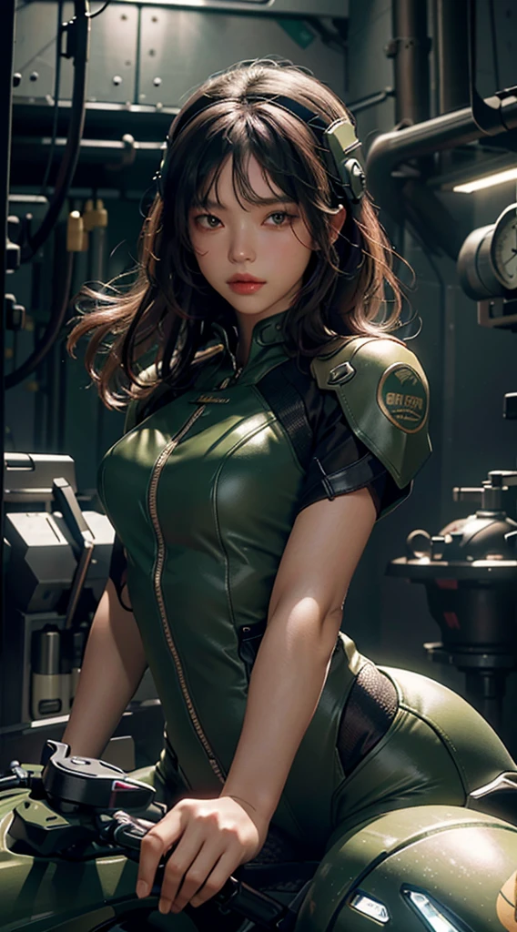 Highest image quality，Outstanding details，Ultra-high resolution，（Fidelity：1.4），The best illustration，Favor the details，Highly cohesive 1girl，He has a delicate and beautiful face，Dressed in a mech with dark green as the main pink supplement，wearing a mech helmet，Hold the direction controller，Riding on a motorcycle，The background is a high-tech lighting scene in the future city。