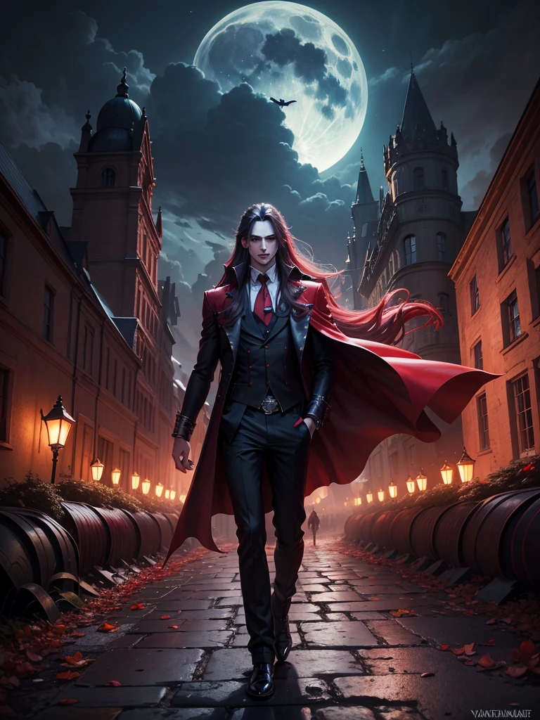 Masterpiece fan art, deviant art, personnage d'alucard, personnage debout, manteau rouge, les yeux rouges, paysage de nuit, fond de lune rouge, avec ses pistolets qui brillent dans la nuit ultra detailed 4k high resolution