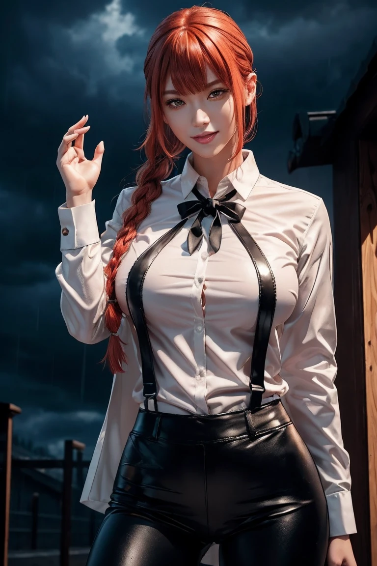 Chainsaw Man,Makima,With bangs,Red Hair,Braids at the back,Golden Eyes,White long sleeve shirt,Black tie,Black Leather Pants,Ultra HD,super high quality,masterpiece,Digital SLR,Photorealistic,Detailed details,Vivid details,Depicted in detail,A detailed face,Detailed details,Super Detail,Realistic skin texture,Anatomical basis,Perfect Anatomy,Anatomically correct hand,Anatomically correct fingers,Complex 3D rendering,Sexy pose,Rainy Sky,Beautiful scenery,Fantastic rainy sky,Picturesque,Pink Lips,smile,