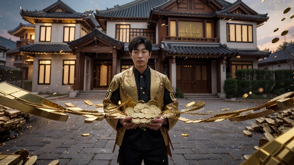 a man korean in front of a mansion full of gold coins falling from the sky, ultra detailed image, realism, 8k, hyper detailed skin, intense and vivid colors.
