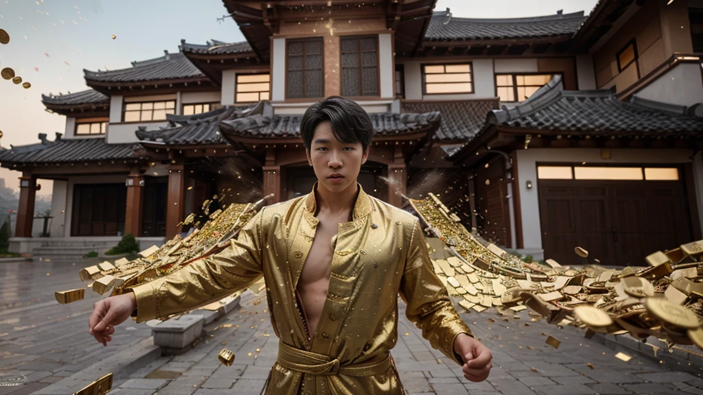 a man korean in front of a mansion full of gold coins falling from the sky, ultra detailed image, realism, 8k, hyper detailed skin, intense and vivid colors.