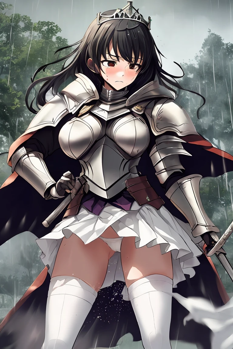 Sisters Height difference female knight armor Black Hair tiara Shortcuts sword Torn white skirt Torn white tights White panties Crying face battlefield In combat heavy rain