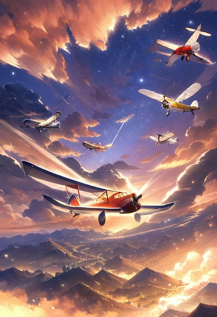  old plane，(aircraft,aircraft) Designs,Smart mechanics,Flying Machines,Driving skills,Mysterious clouds,expression of surprise, incredible views,Not available, in the sky,legend, aerodrome,stars, illuminating the night sky, joystick,Propeller sounds,Fly free,adventures,terraced,High Mountains,Brave Rabbit,Amazing sunset,Fly as much as you want,Through the clouds,Adventurous spirit,Shocking Scene,spreading its wings,Huge starry sky,A fusion of tradition and modernity.