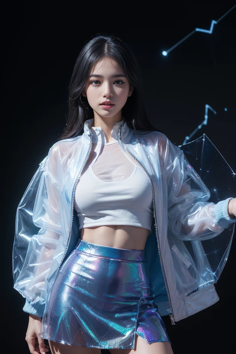 (Eyes with mixed blue irises:1.5), (White and blue jacket with constellation pattern:1.5), (best quality,4K,8K,high resolution,masterpiece:1.2), Extremely detailed, portrait, (Human Development Report:1.1), (Bright colors:1.1), (Studio Lighting), (Bokeh), (Highly saturated colors), (Soft lighting), (Detailed background), (Subtle shadows), (Ethereal Light), (Pastel color palette), (Fine details), (Sublime beauty), (Feminine charm), (Sharp focus), (Fine brushwork), (ImpeccableCraftsmanship), (Emotional Depth), (Compelling story), (Interesting story), (Impressive realism), (Extraordinary artistry), (masterpiece-worthy), (Awesome), Long hair,Metallic skirt, Futuristic Clothing,(whole body:1.5), Holographic laser skirt, (Transparent skirt:1.5),xuer hologram Laser dress