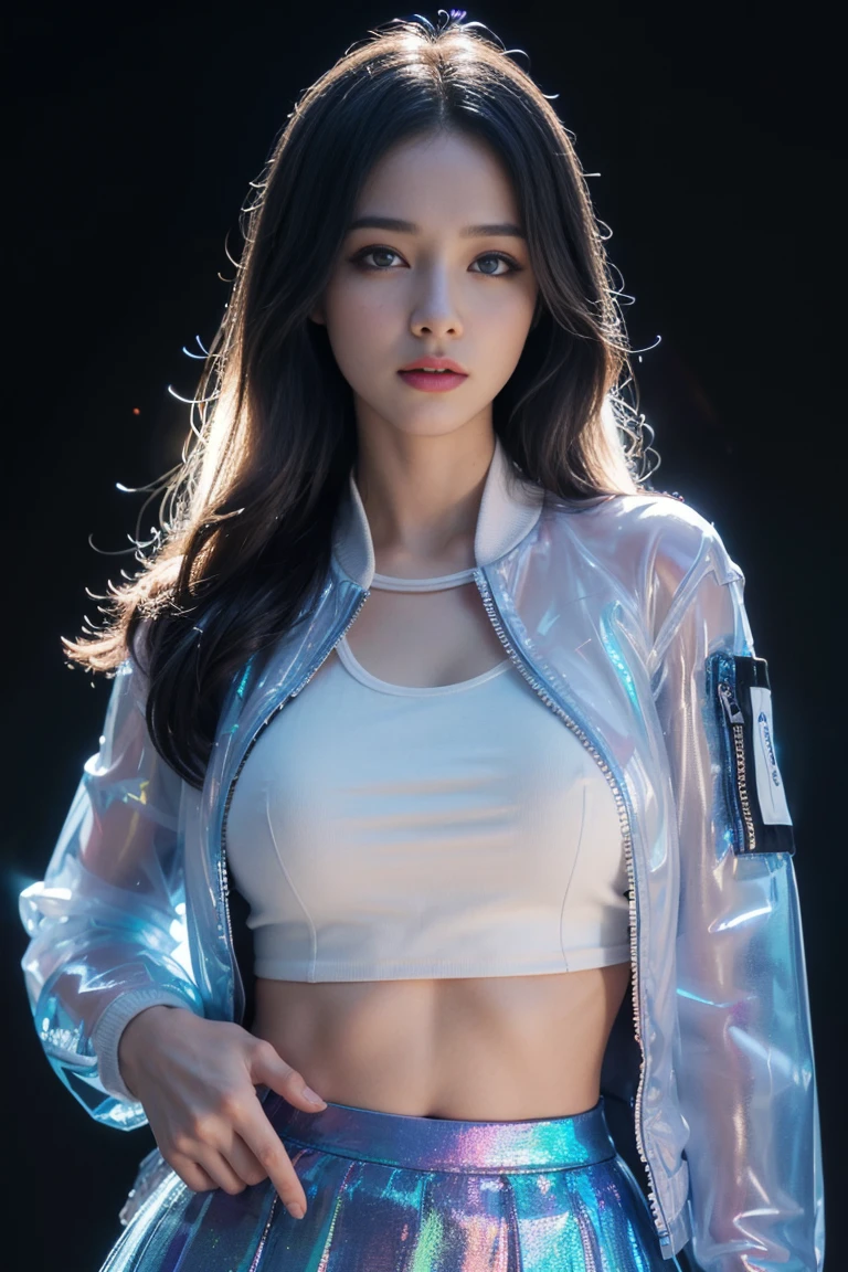 (Eyes with mixed blue irises:1.5), (White and blue jacket with constellation pattern:1.5), (best quality,4K,8K,high resolution,masterpiece:1.2), Extremely detailed, portrait, (Human Development Report:1.1), (Bright colors:1.1), (Studio Lighting), (Bokeh), (Highly saturated colors), (Soft lighting), (Detailed background), (Subtle shadows), (Ethereal Light), (Pastel color palette), (Fine details), (Sublime beauty), (Feminine charm), (Sharp focus), (Fine brushwork), (ImpeccableCraftsmanship), (Emotional Depth), (Compelling story), (Interesting story), (Impressive realism), (Extraordinary artistry), (masterpiece-worthy), (Awesome), Long hair,Metallic skirt, Futuristic Clothing,(whole body:1.5), Holographic laser skirt, (Transparent skirt:1.5),xuer hologram Laser dress