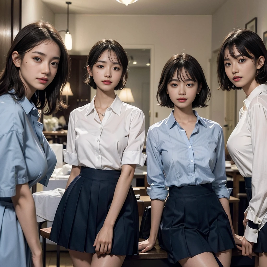 Ridiculous resources, RAW photogr, Extremely Delicately Beautiful, tmasterpiece, Best quality at best, Ultra-high resolution, 16K, hyper realisitc, ultra - detailed, Very detailed CG 8k wallpaper, beautiful light up, Perfect lightning, realistic shaded, perfect anatomia, Ultra-delicate skin, perfect body figure, in my 20s, Very slim figure, Willow waist, small heads, Eyes and faces are very detailed, Real face proportions, amazing eye detail, realistic beautiful face, Face smaller, Realistic little pretty eyes, double eyelid, tear-mole, Mole on the , ear  ring, The legs are beautiful and thin, Beautiful and thin thighs, (very huge round :1.3), (Short hair details), (curlies), (Summer school uniform:1.3), (Formal shirts:1.3), (tics), (midriff peek:0.1), (Sleeveless:0.1), ( arms), (bare-legged), (3 Girls:1.3),