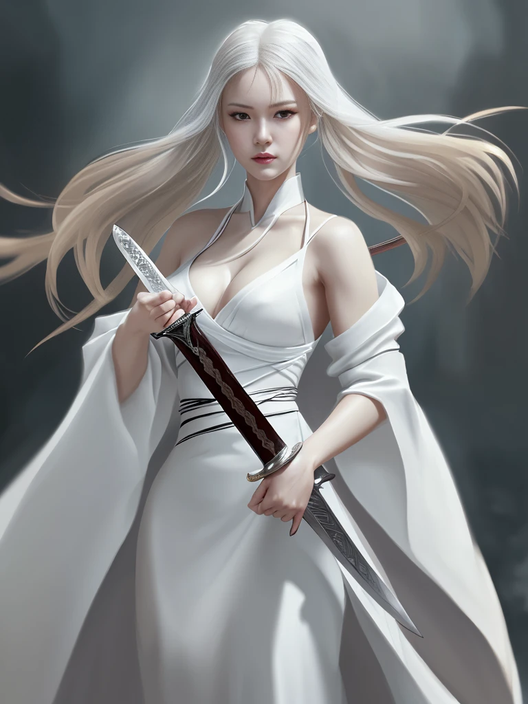 Close-up of a woman wearing a white dress and holding a sword, Portraits by Jan J., Trending on CGSociety, Fantasy art, Beautiful character drawings, artwork in the style of Gwaiz, Gwaiz, White Hanfu, Flowing white robes, Full body martial arts, Magnificent and elaborate character art, Amazing character art, beautiful female assassin