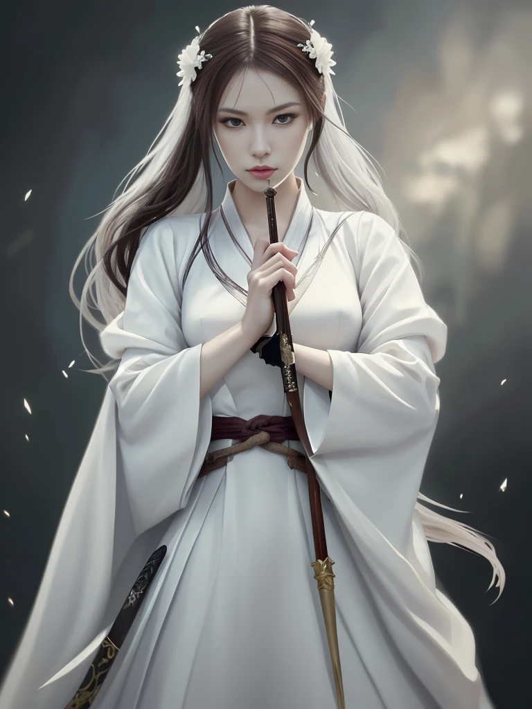 Close-up of a woman wearing a white dress and holding a sword, Portraits by Jan J., Trending on CGSociety, Fantasy art, Beautiful character drawings, artwork in the style of Gwaiz, Gwaiz, White Hanfu, Flowing white robes, Full body martial arts, Magnificent and elaborate character art, Amazing character art, beautiful female assassin