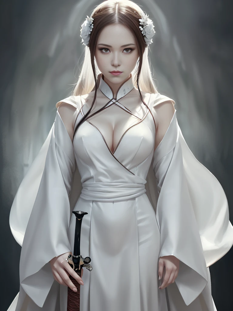 Close-up of a woman wearing a white dress and holding a sword, Portraits by Jan J., Trending on CGSociety, Fantasy art, Beautiful character drawings, artwork in the style of Gwaiz, Gwaiz, White Hanfu, Flowing white robes, Full body martial arts, Magnificent and elaborate character art, Amazing character art, beautiful female assassin