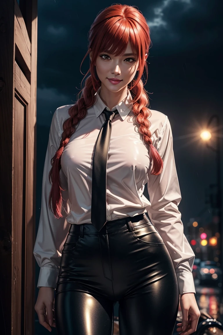 Chainsaw Man,Makima,With bangs,Red Hair,Braids at the back,Golden Eyes,White long sleeve shirt,Black tie,Black Leather Pants,Ultra HD,super high quality,masterpiece,Digital SLR,Photorealistic,Detailed details,Vivid details,Depicted in detail,A detailed face,Detailed details,Super Detail,Realistic skin texture,Anatomical basis,Perfect Anatomy,Anatomically correct hand,Anatomically correct fingers,Complex 3D rendering,Sexy pose,Rainy Sky,Beautiful scenery,Fantastic rainy sky,Picturesque,Pink Lips,smile,