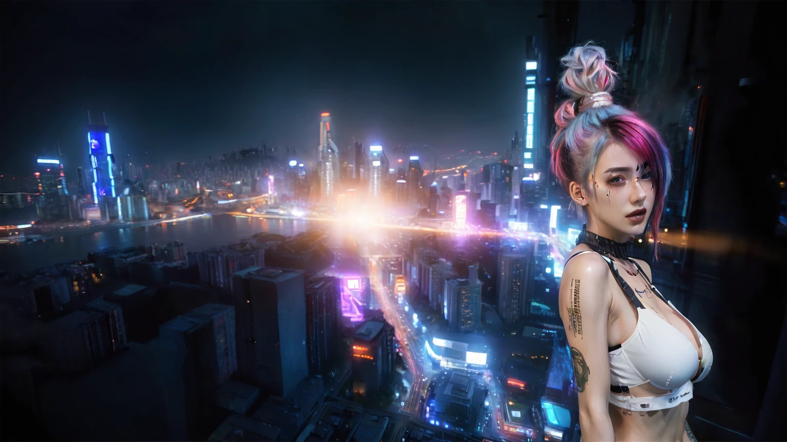 (Realistic:1.4) cyberpunk girl images, (highest quality, 8k, 32k, masterpiece) , (Dynamic pose), ((Front camera)), Cowboy Shot, Shapeless hair, Multicolored Hair, Depth of written interface f/1.8, high angle view of Cyberpunk city (((((at night))))) as background. (((1girl, solo))), photo realistic, (large-breast slim body, cleavage), (((full bra top, extreamly short pleated (((miniskirt))) exposing panty))), (((((((matrix style black sunglasses))))))), (((((((aiming at viewer with a (pistol), (looking at camera)))))))), (((((half-body (thigh level) medium shot))))), (cinematic lighting).