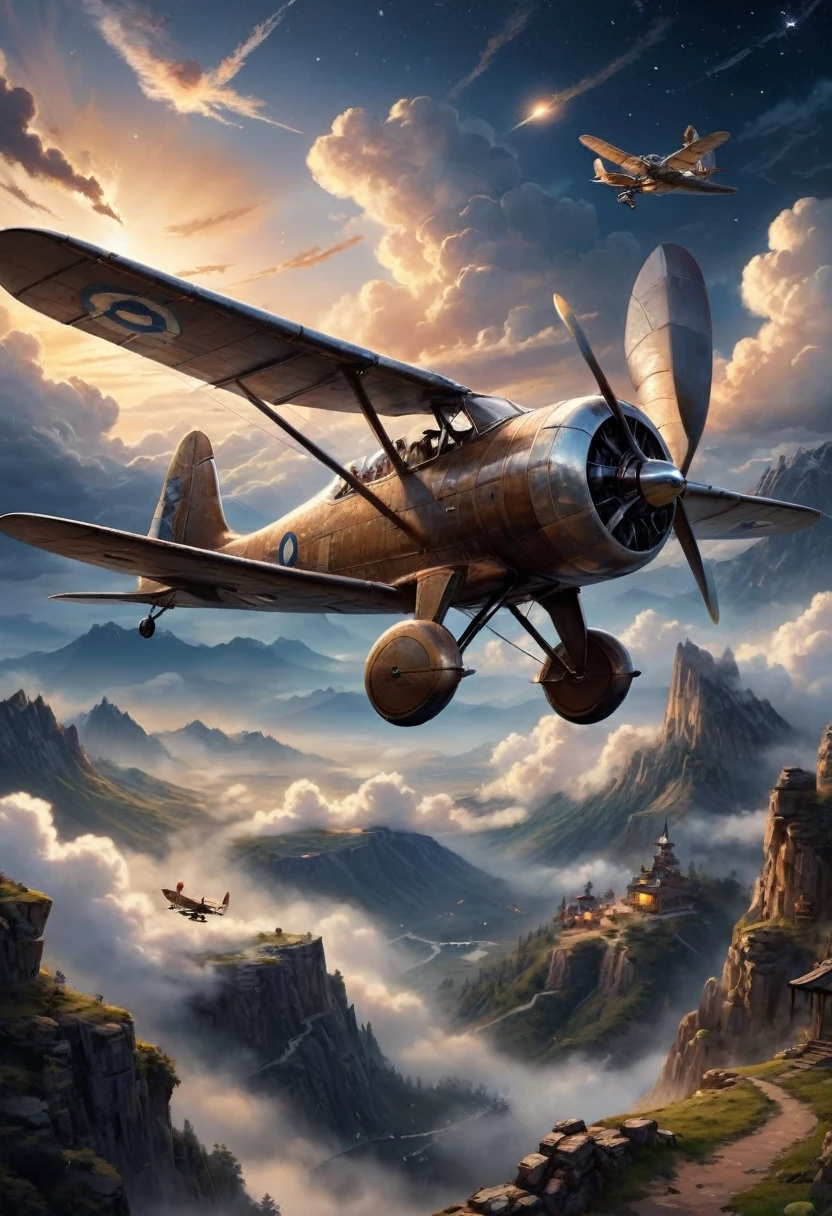 old plane,(aircraft,aircraft) Designs,Smart mechanics,Flying Machines,Driving skills,Mysterious clouds,expression of surprise, incredible views,Not available, in the sky,legend, aerodrome,stars, illuminating the night sky, joystick,Propeller sounds,Fly free,adventures,terraced,High Mountains,Brave Rabbit,Amazing sunset,Fly as much as you want,Through the clouds,Adventurous spirit,Shocking Scene,spreading its wings,Huge starry sky,A fusion of tradition and modernity.