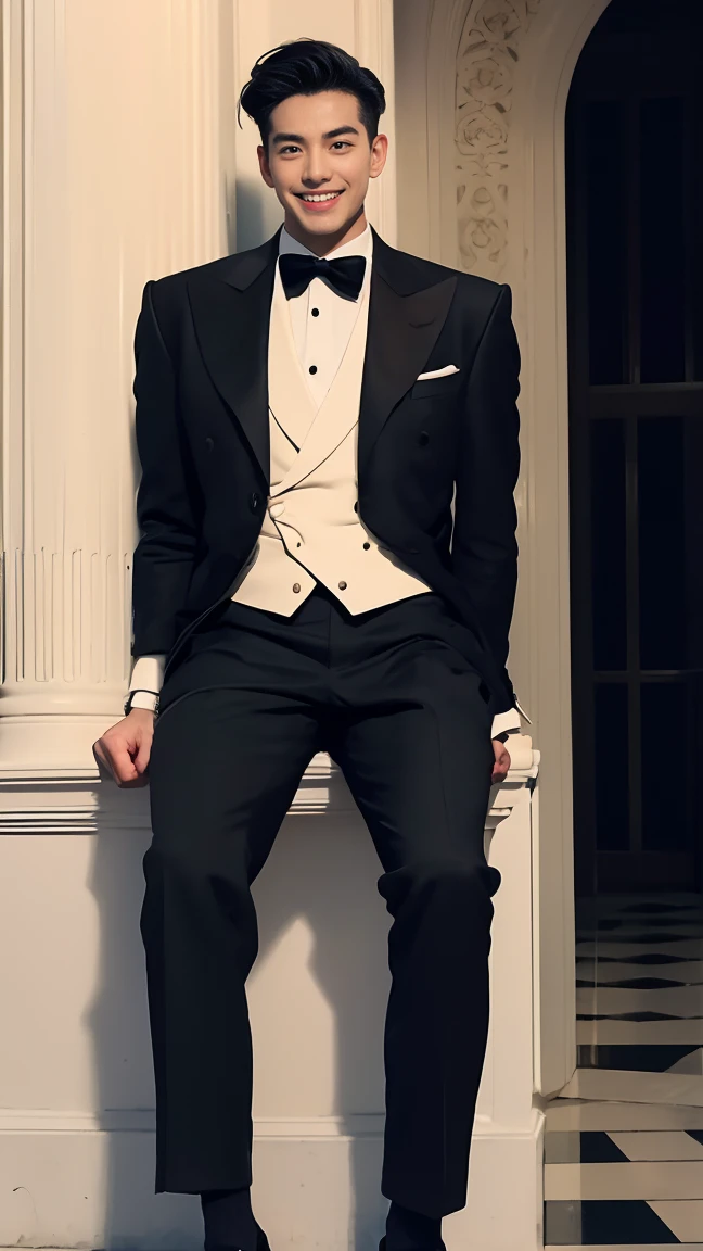 1 man, best quality, masterpiece, realistic, shortcut, white suit, black silk socks, black Oxford shoes, sitting, big smile, fit body, super tall