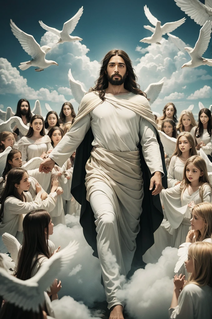 Image of Jesus returning in the clouds with all the angels