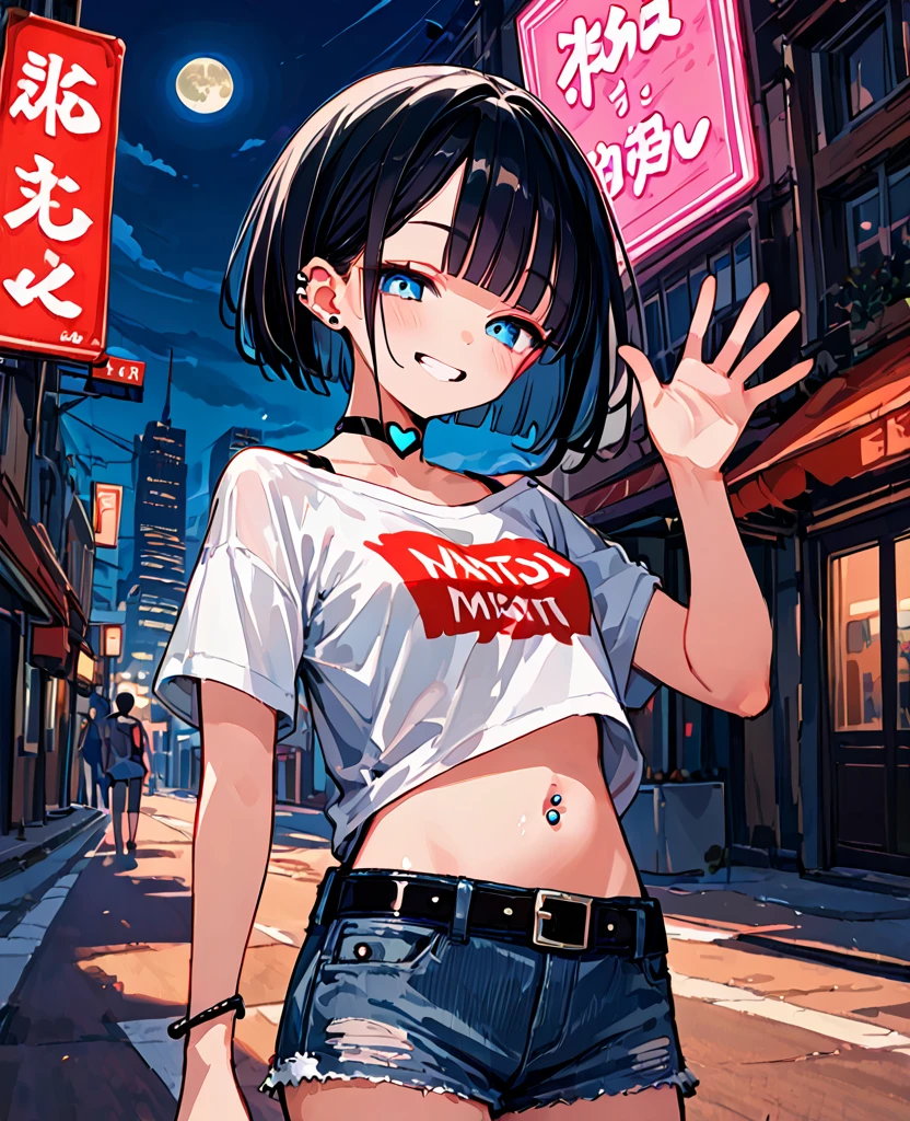 score_9, score_8_up,score_7_up, masterpiece, best quality, 1girl, standing, waving one hand, arm behind back, cityscape, street, at night, moon, glowing neon sign,
BREAK
tween, small ???????, blunt bangs, bowl cut, hime cut, (short hair:1.2), (black hair:1.2), blue eyes, (tsurime:1.3), navel piercing, ear piercing, tongue piercing,
grin, smile, blush, half-closed eyes,
BREAK
punk fashion, (off shoulder t-shirt:1.2),(white t-shirt:1.2), short sleeves,
crop top, collarbone, heart choker, strapless, navel, midriff,
BREAK
denim, black belt, chain,shiny skin,