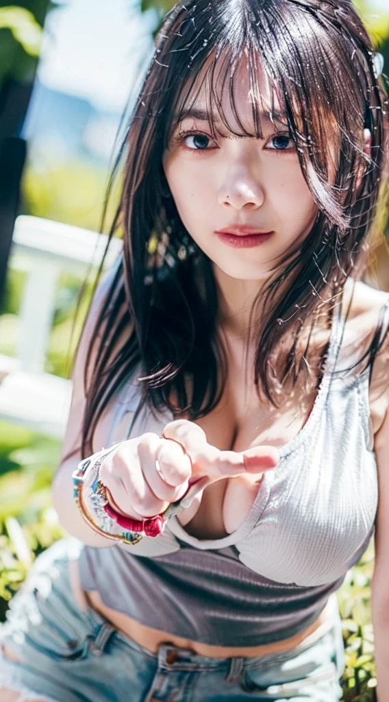 ((((masterpiece, best quality, high resolution)))), Extremely detailed 8K, Beautiful girl with voluptuous body, (Ultra HD, Ultra-detailed, Highly detailed, Highly realistic, Ultra-realistic, photograph realistic), (1girl:1.5), (Realistic white hair), short wavy black hair, bob cut, (dynamic poses), facing at camera, light smile, purple eyes, average breasts, (beautiful detailed face, beautiful detailed eyes), (white tank top, thin material), cleavage, dark jean shorts, glow, sweat, (sunbeam, sunlight)、Fishnet tights