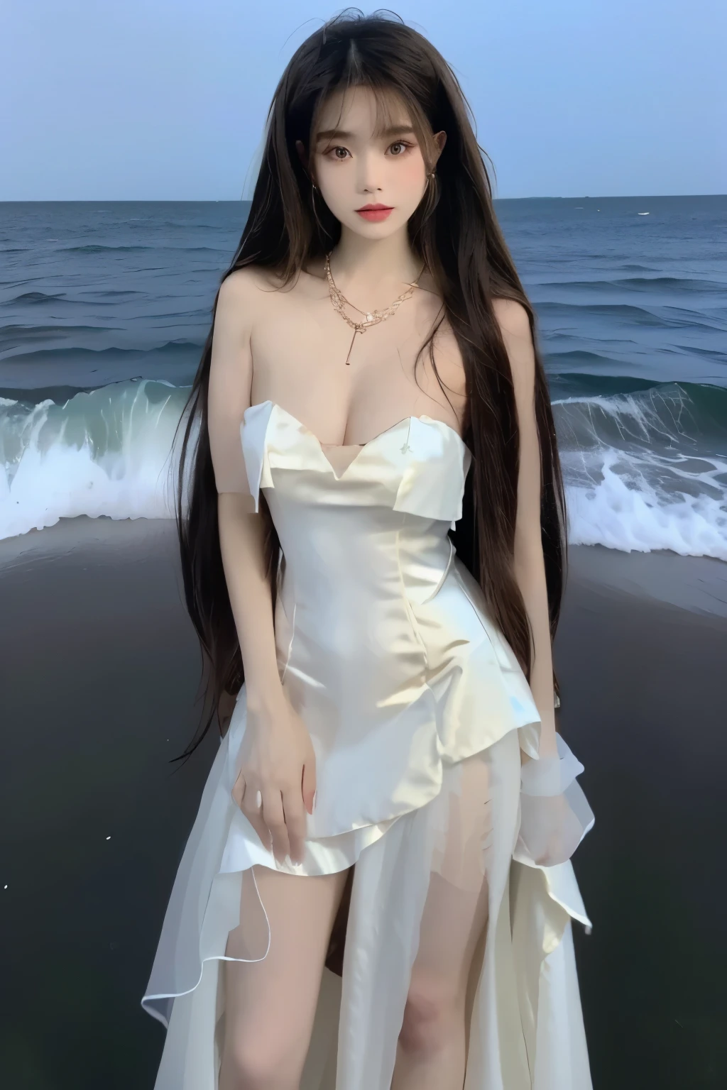 Beautiful woman with perfect body:1.4,Prominent cleavage,Layered Hairstyle,Highly detailed face and skin textures,Double eyelids,Skin Whitening,Long hair,Whitened long legs,(Purple evening dress,necklace),Standing by the sea,Half-length photo