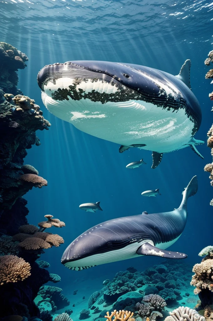 Underwater world with whales Shipwrecks and coral